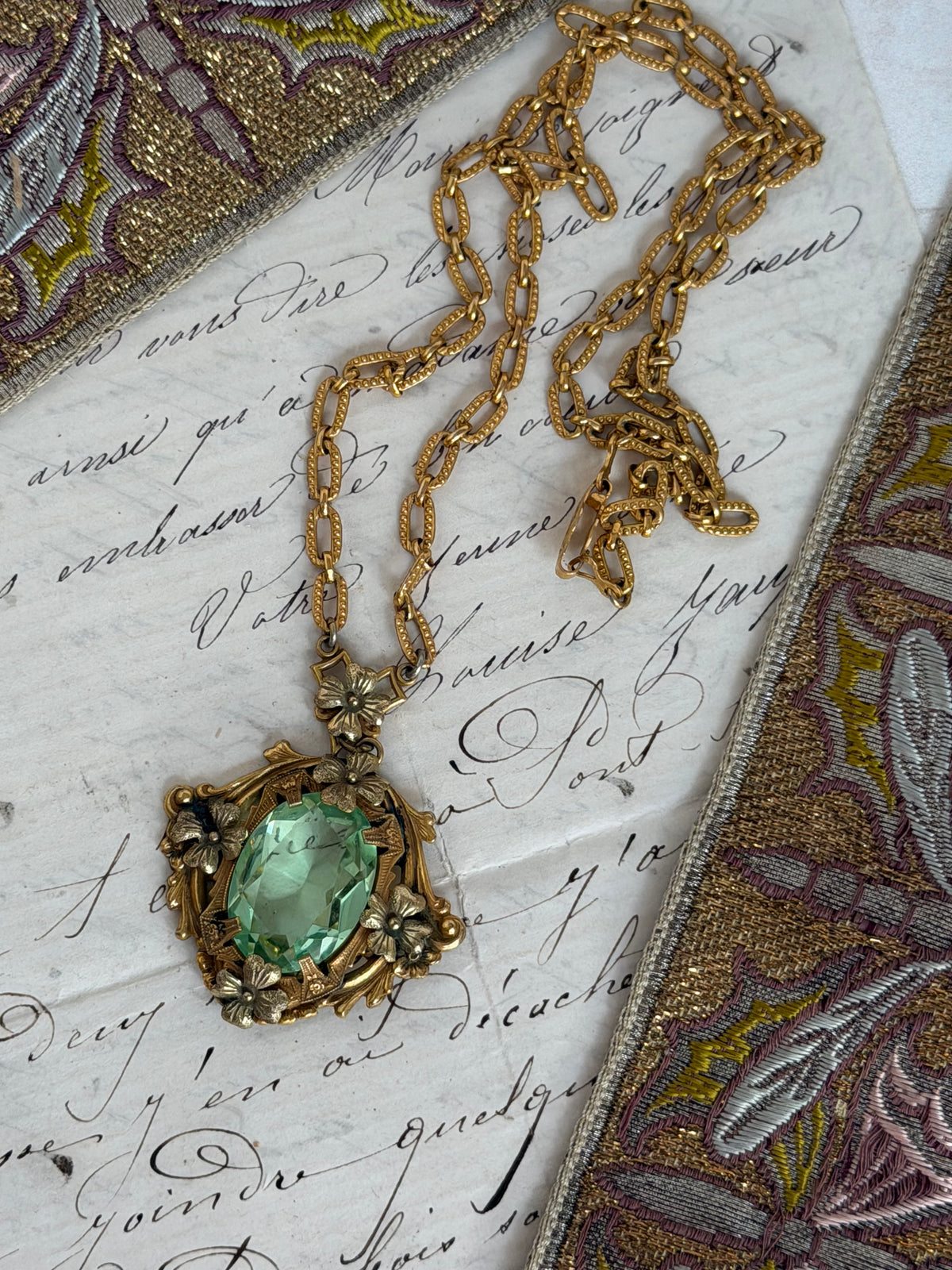 Antique Green Glass Floral Lavalier Necklace