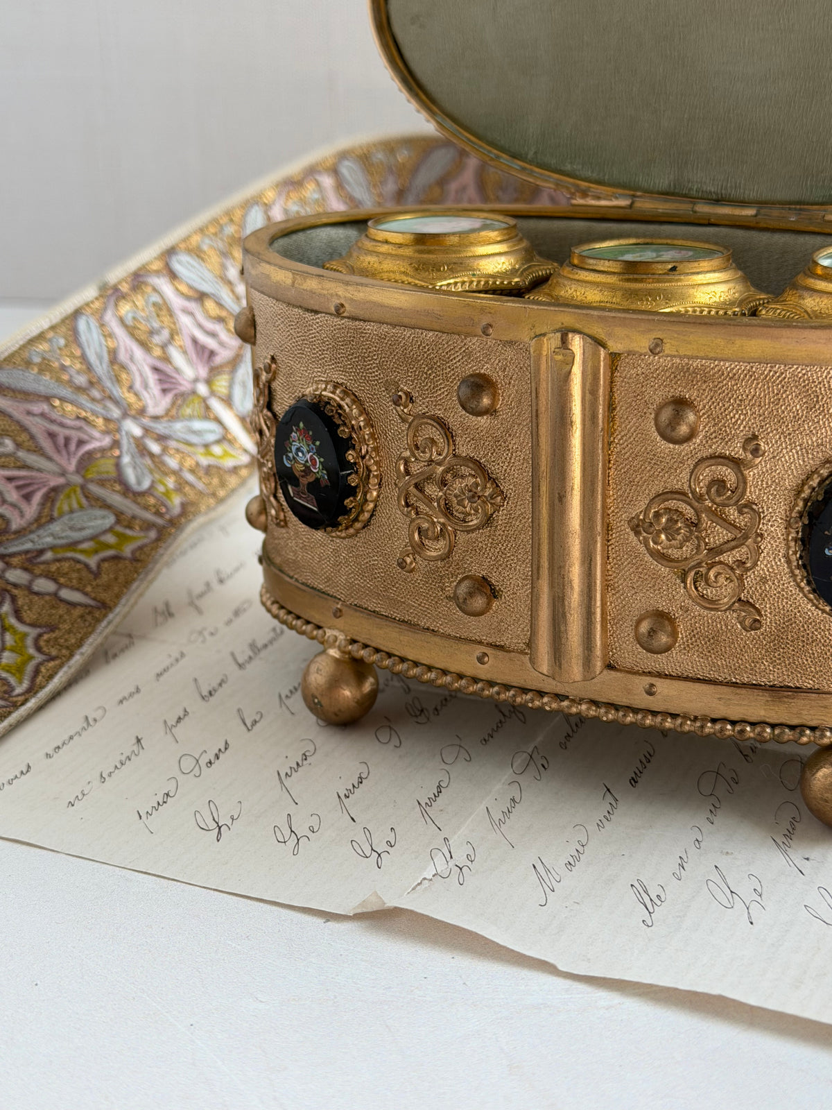 Antique Bronze Micro-Mosaic Perfume Casket with Three Bottles