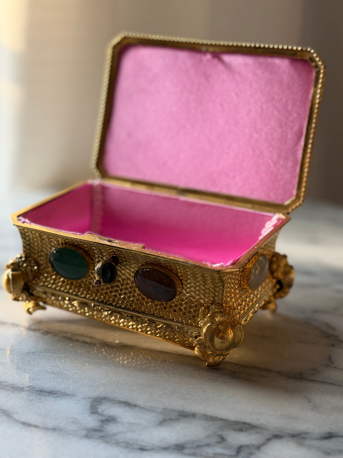 Antique French Gilt Bronze and Agate Casket with Woven Basketweave and Rococo Mounts