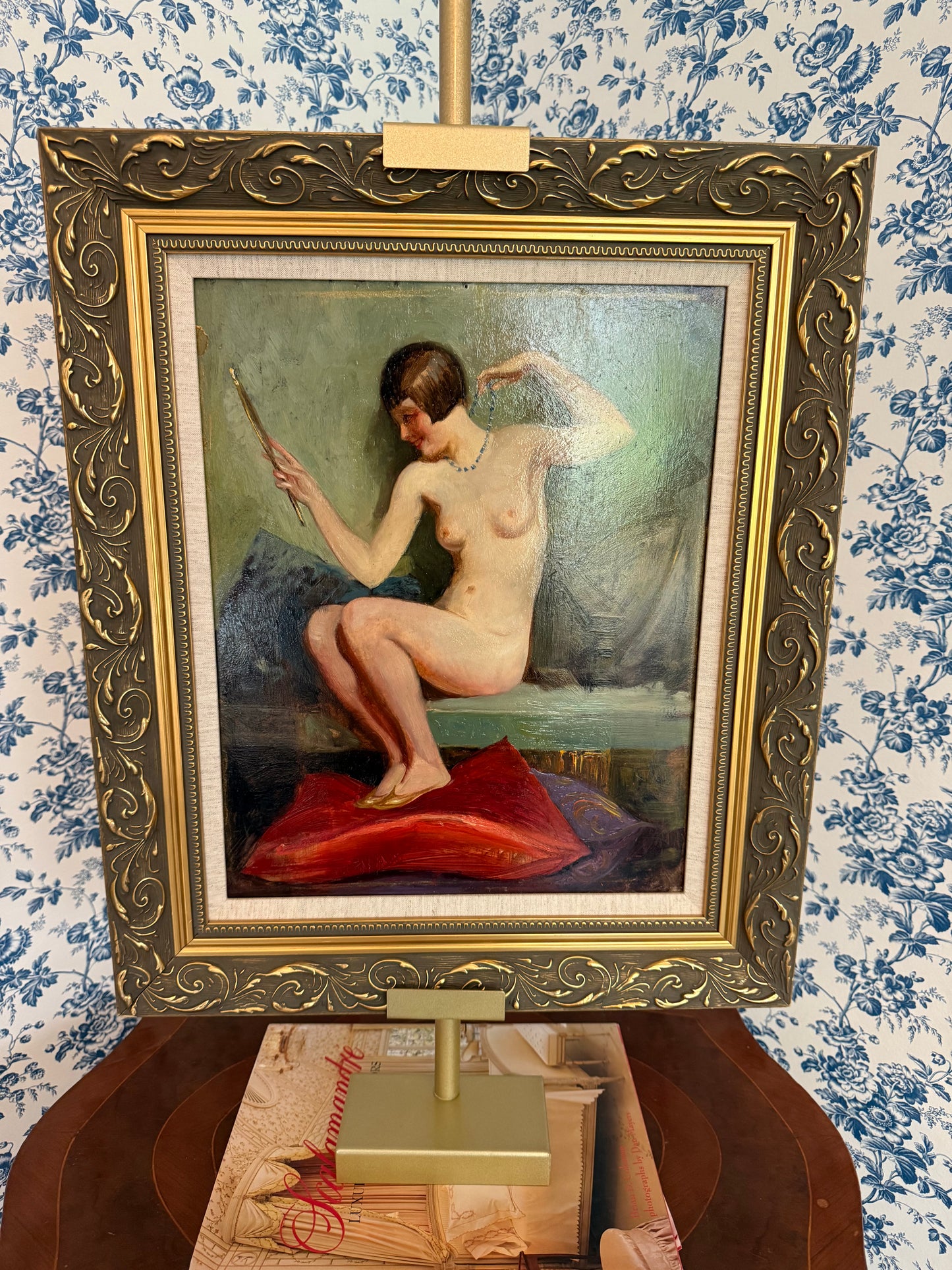 “Nude with Mirror” – European Oil on Board, Mid-20th Century