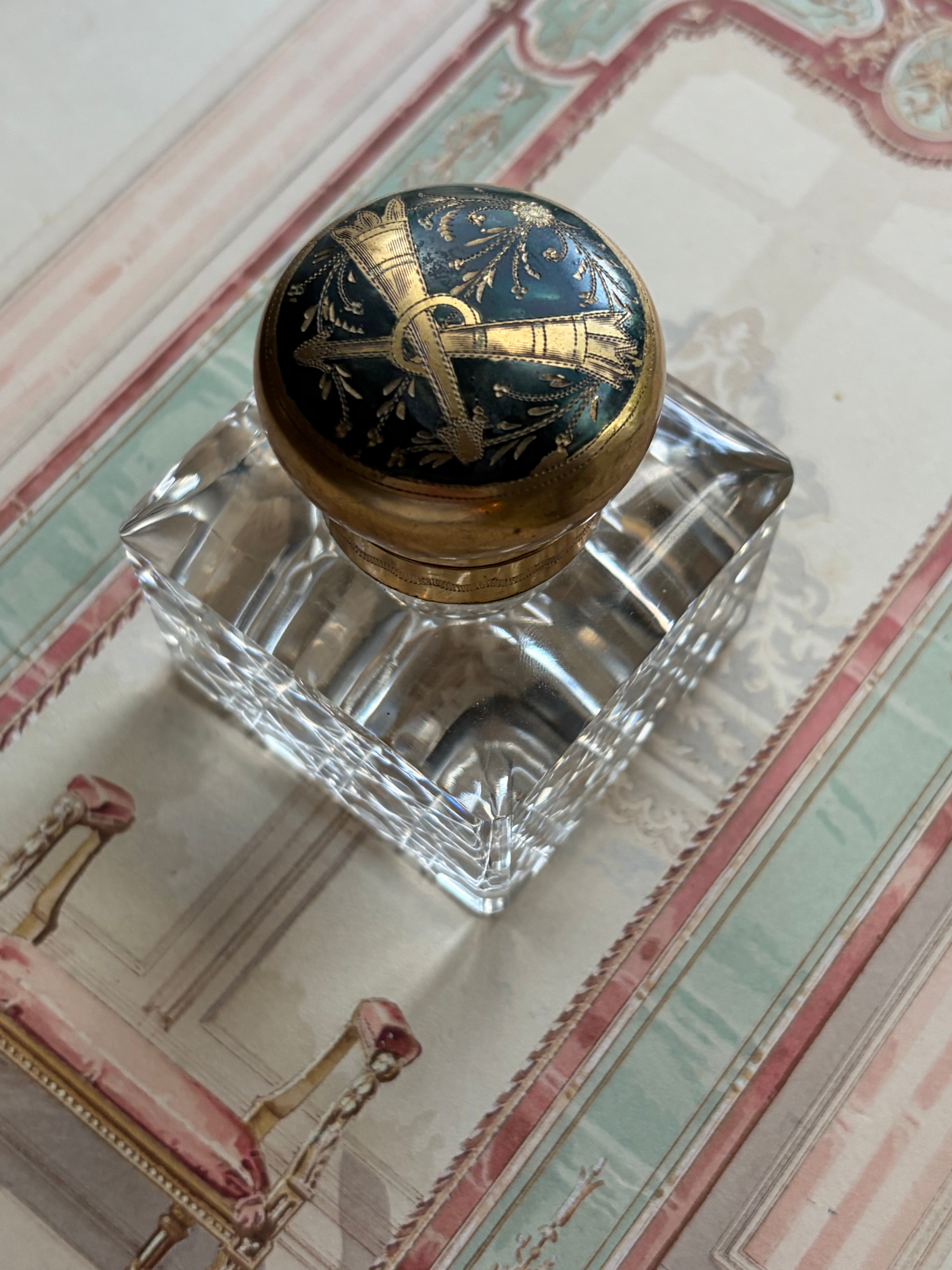 Antique Parisian Crystal & Bronze Inkwell with Enamel Dragonfly Cap