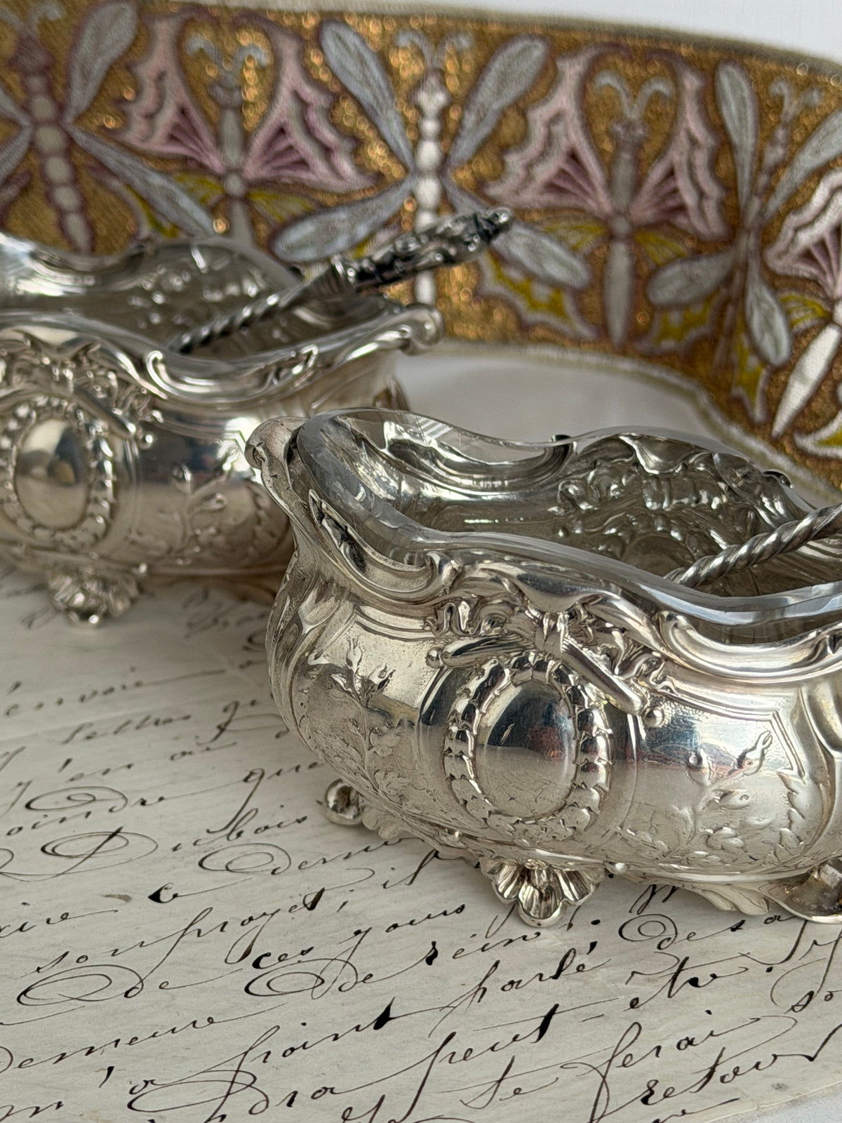 Antique Sterling Silver & Crystal Salt Cellar with Spoon (priced individually)