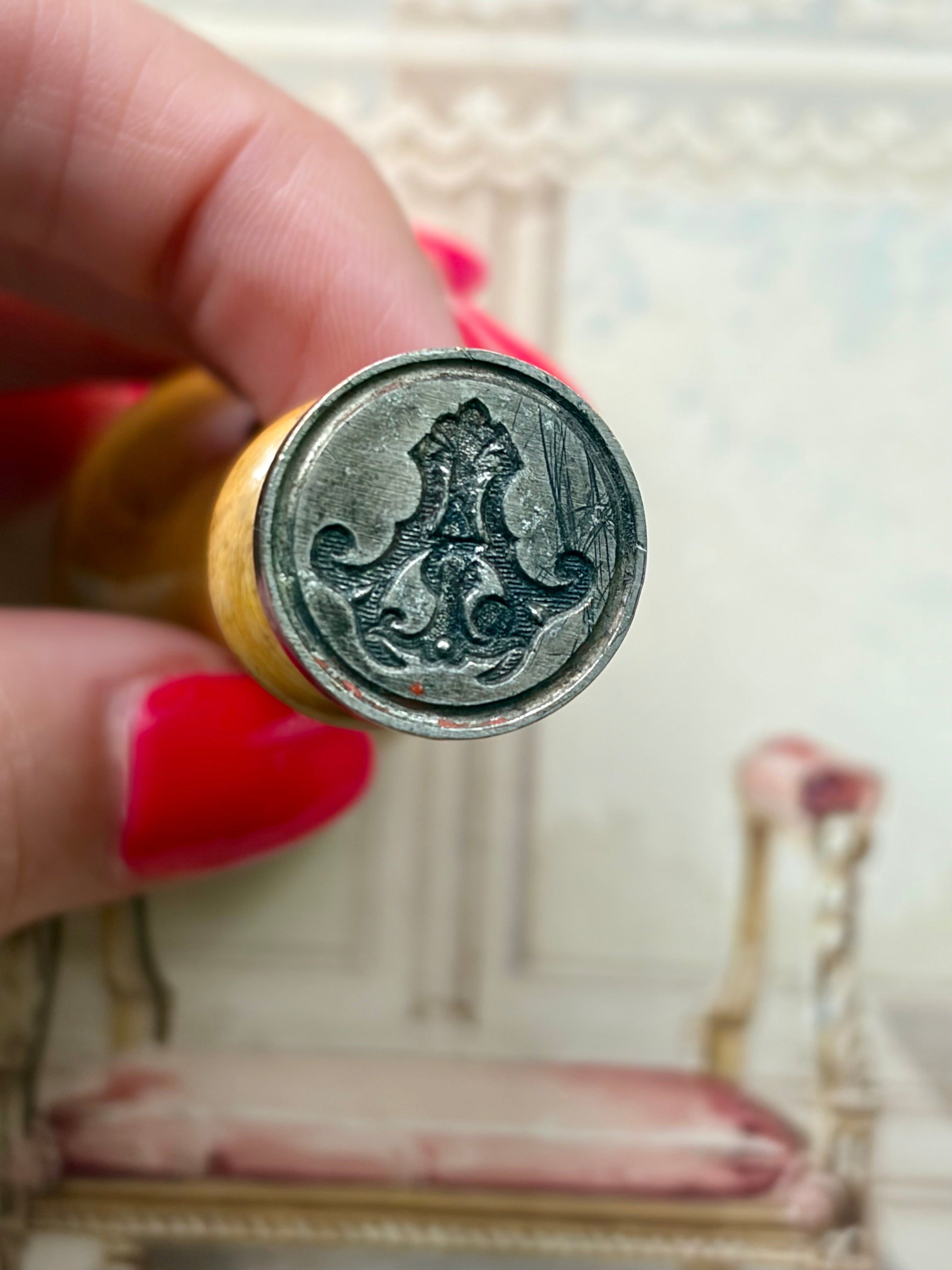 Antique French Wax Seal Stamp with Turned Wood Handle & Engraved Monogram