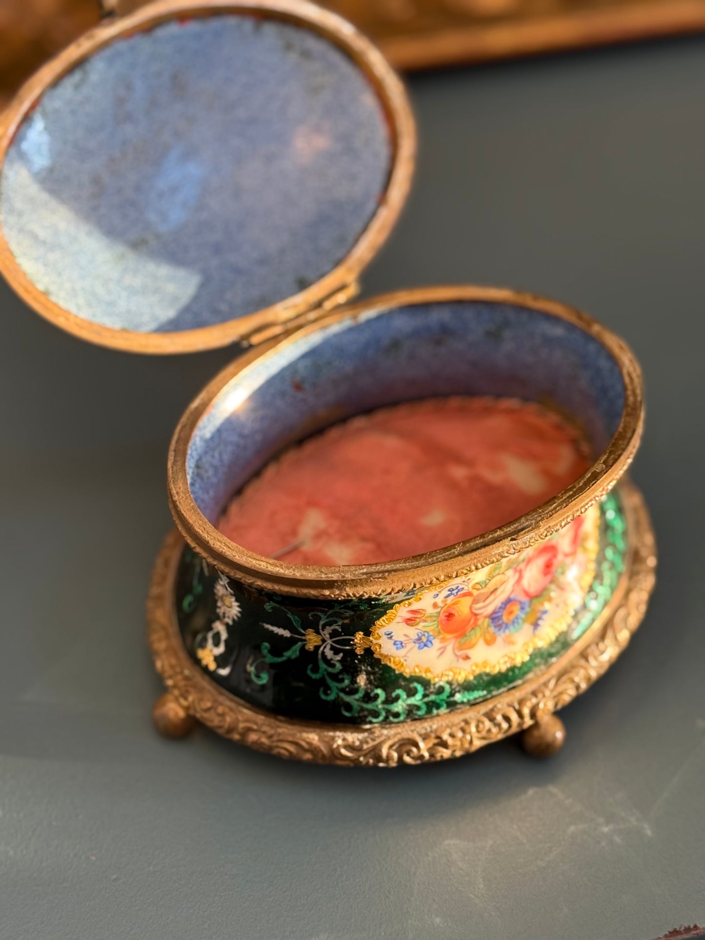 Antique French Painted Enamel Jewelry Box