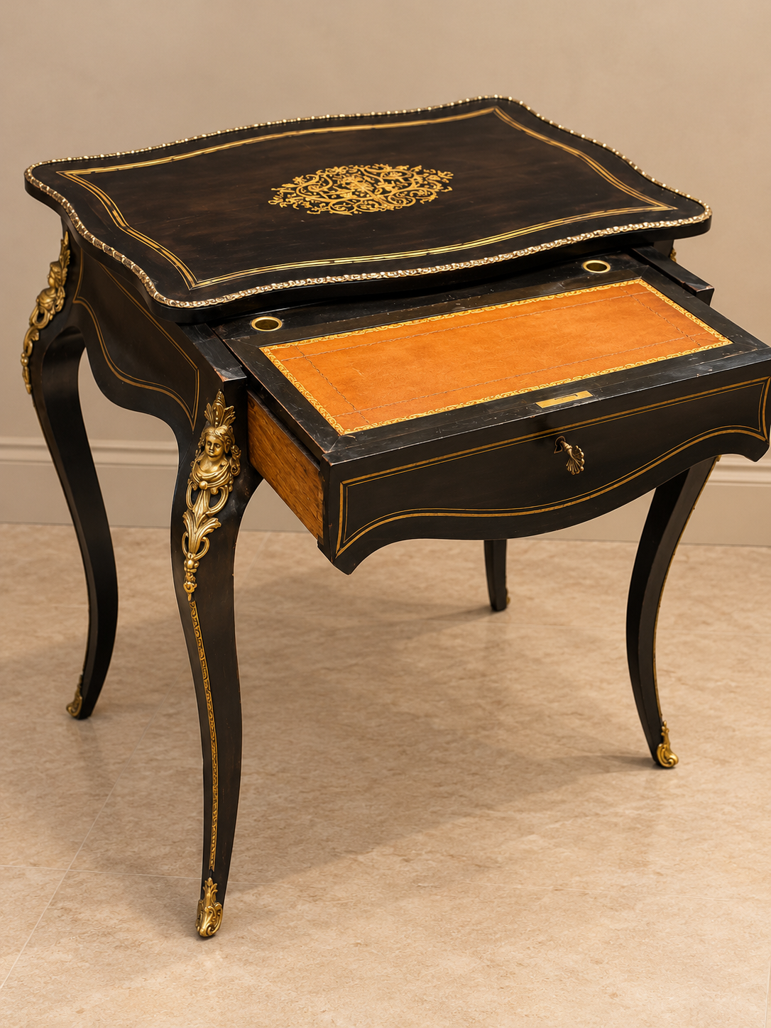 19th Century French Antique Dressing Table with Concealed Mirror & Leather Writing Surface | Circa 1870