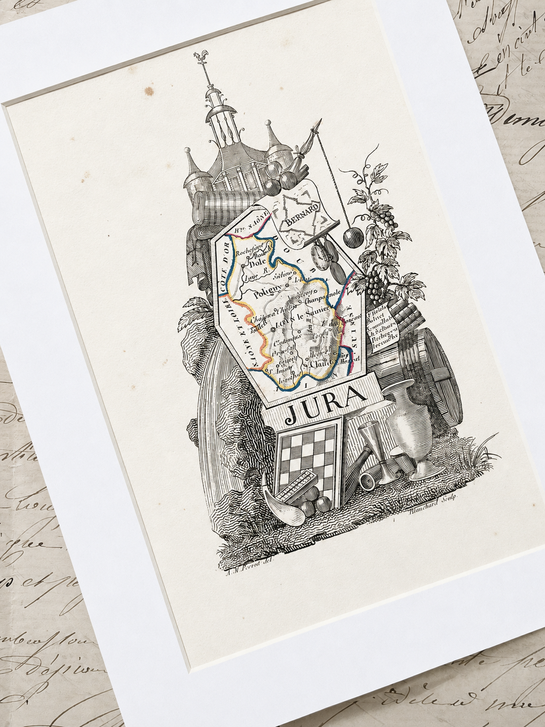 Antique Hand-Colored Map Engraving of Jura, France, 1830s