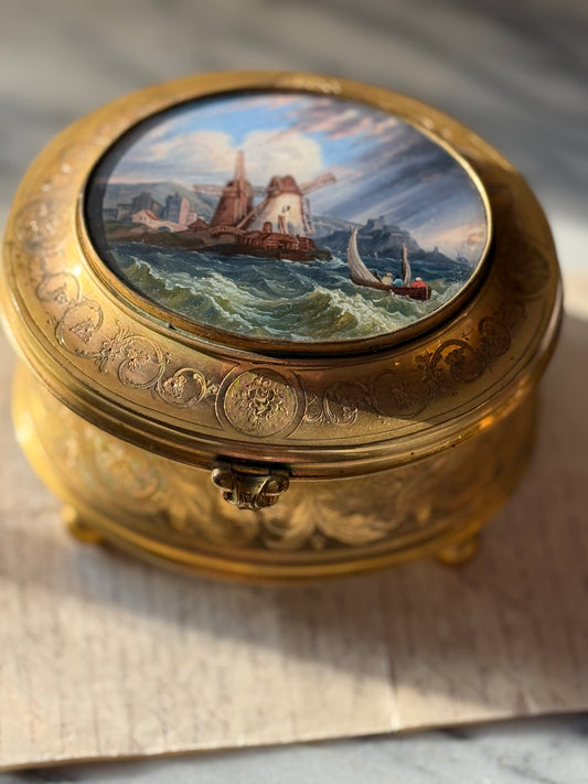 19th Century French Gilt Bronze Box with Hand-Painted Lid