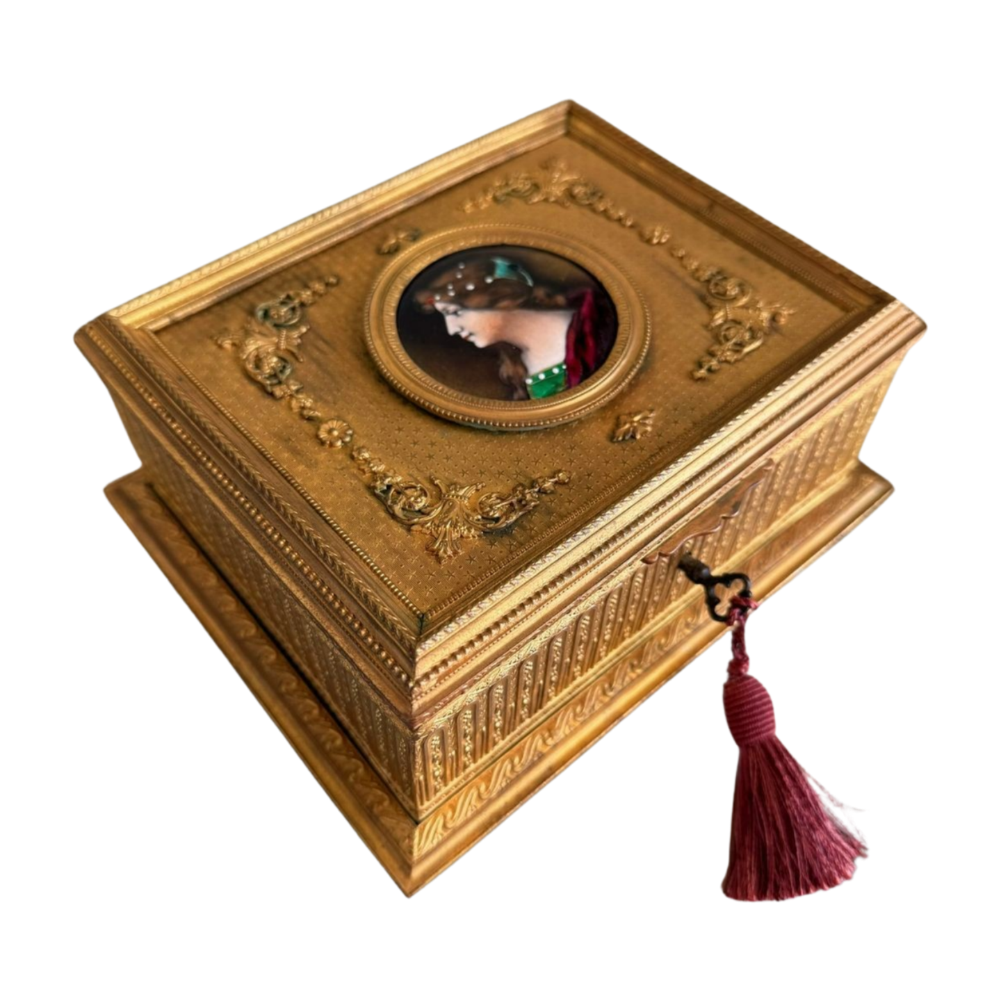 Antique French Gilt Bronze Jewelry Box with Enamel Portrait & Key