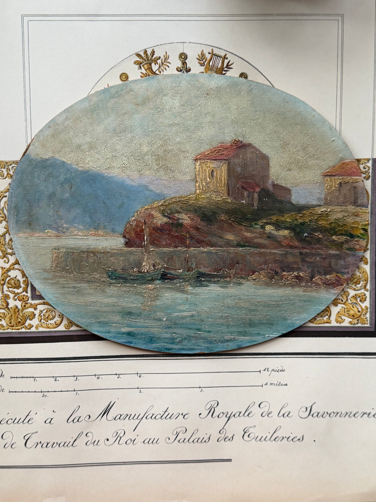 Antique French Oval Oil Painting on Board, Mediterranean Harbor, Signed Morano