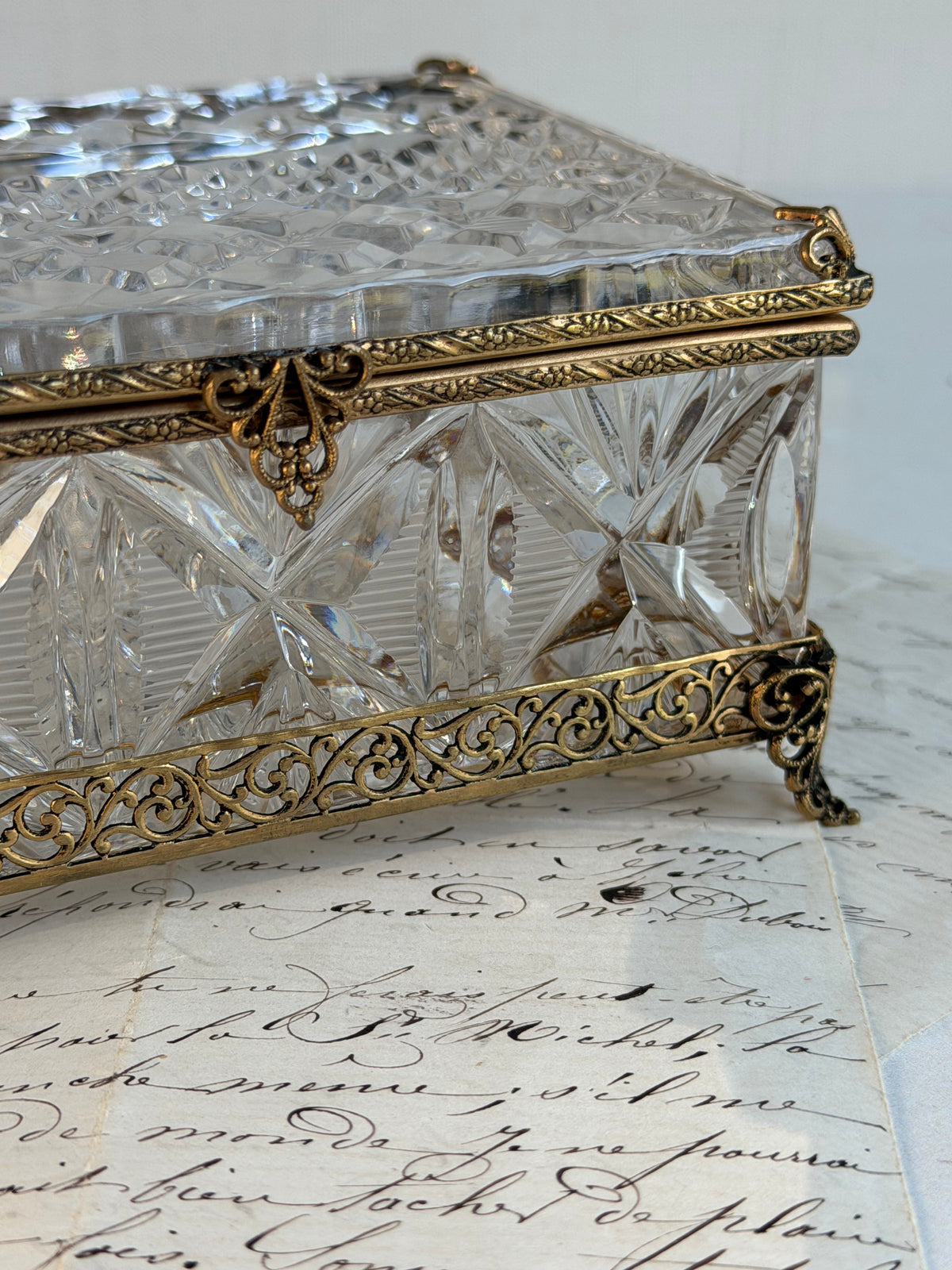 Vintage French Cut Crystal Casket with Ornate Gilt Metal Mounts