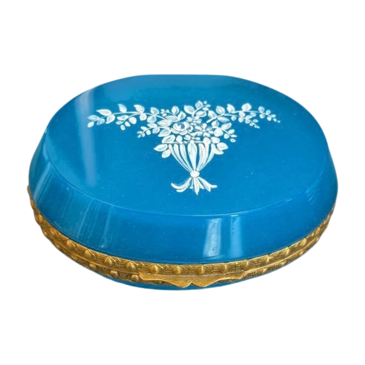 Vintage Blue Opaline Glass Casket with Enamel Floral Decoration