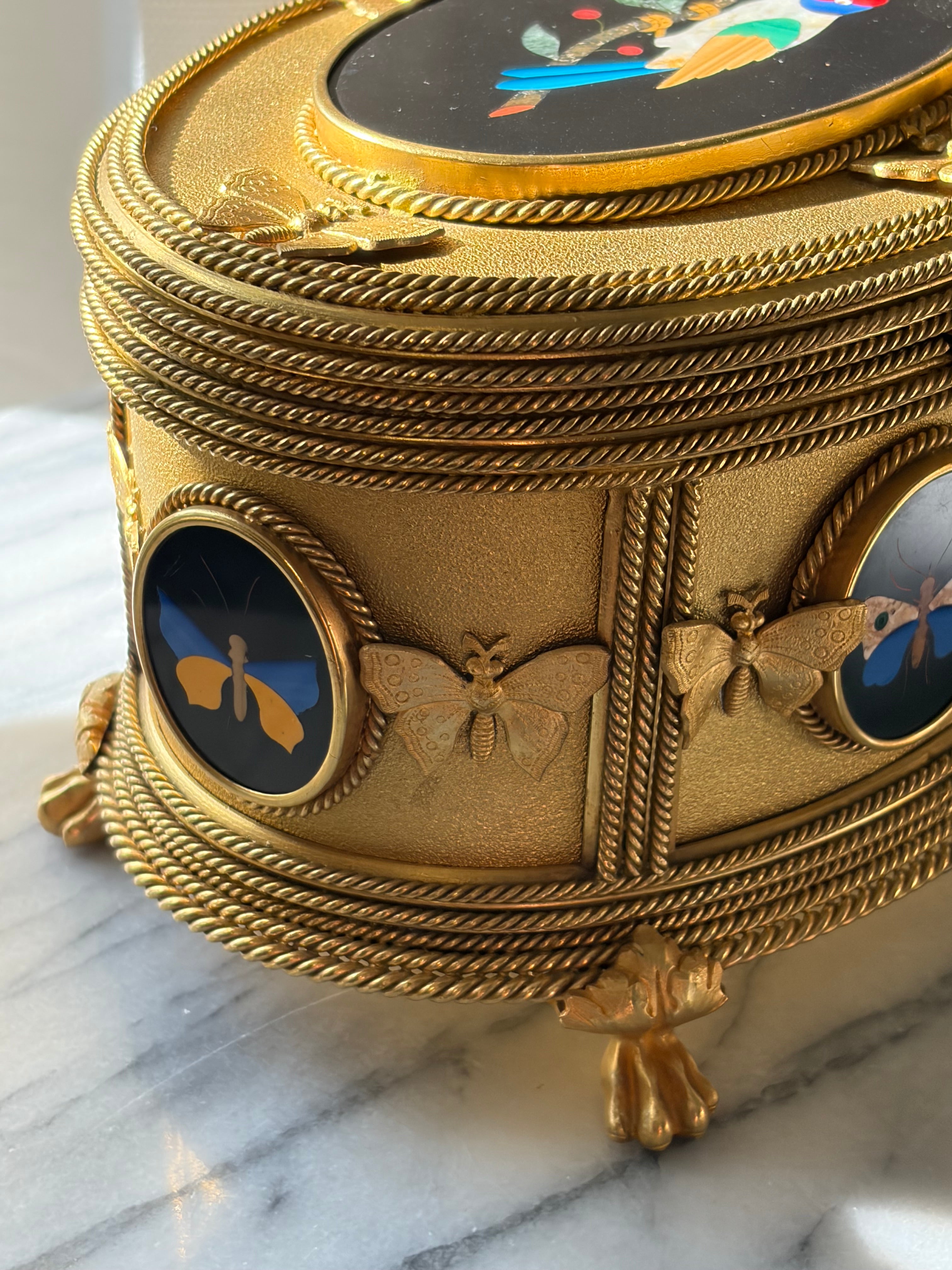 Antique Tahan Paris Pietra Dura & Bronze Jewelry Casket with Working Key