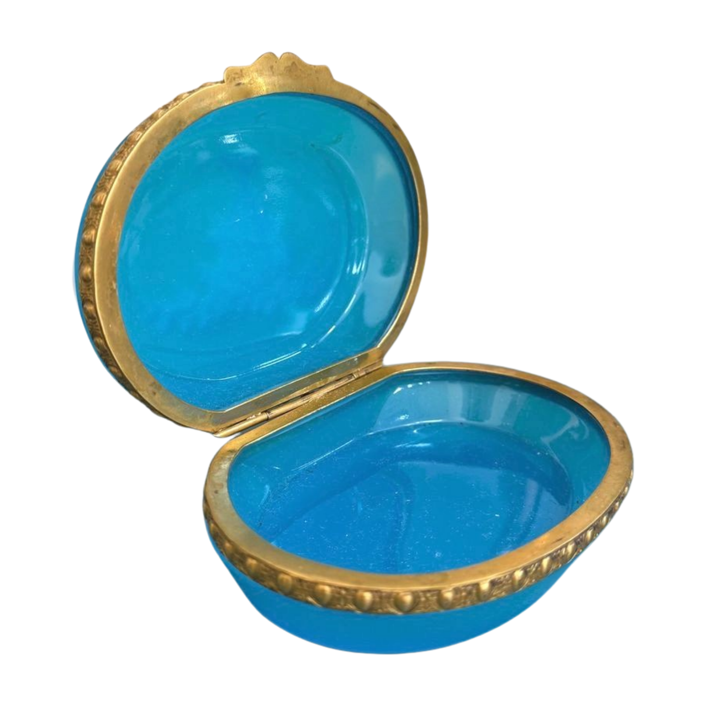 Vintage Blue Opaline Glass Casket with Enamel Floral Decoration