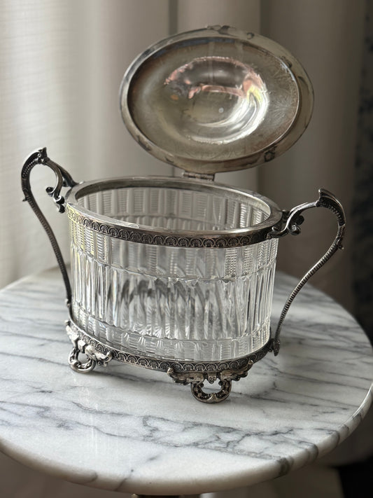 Antique Silverplate and Crystal Biscuit Barrel