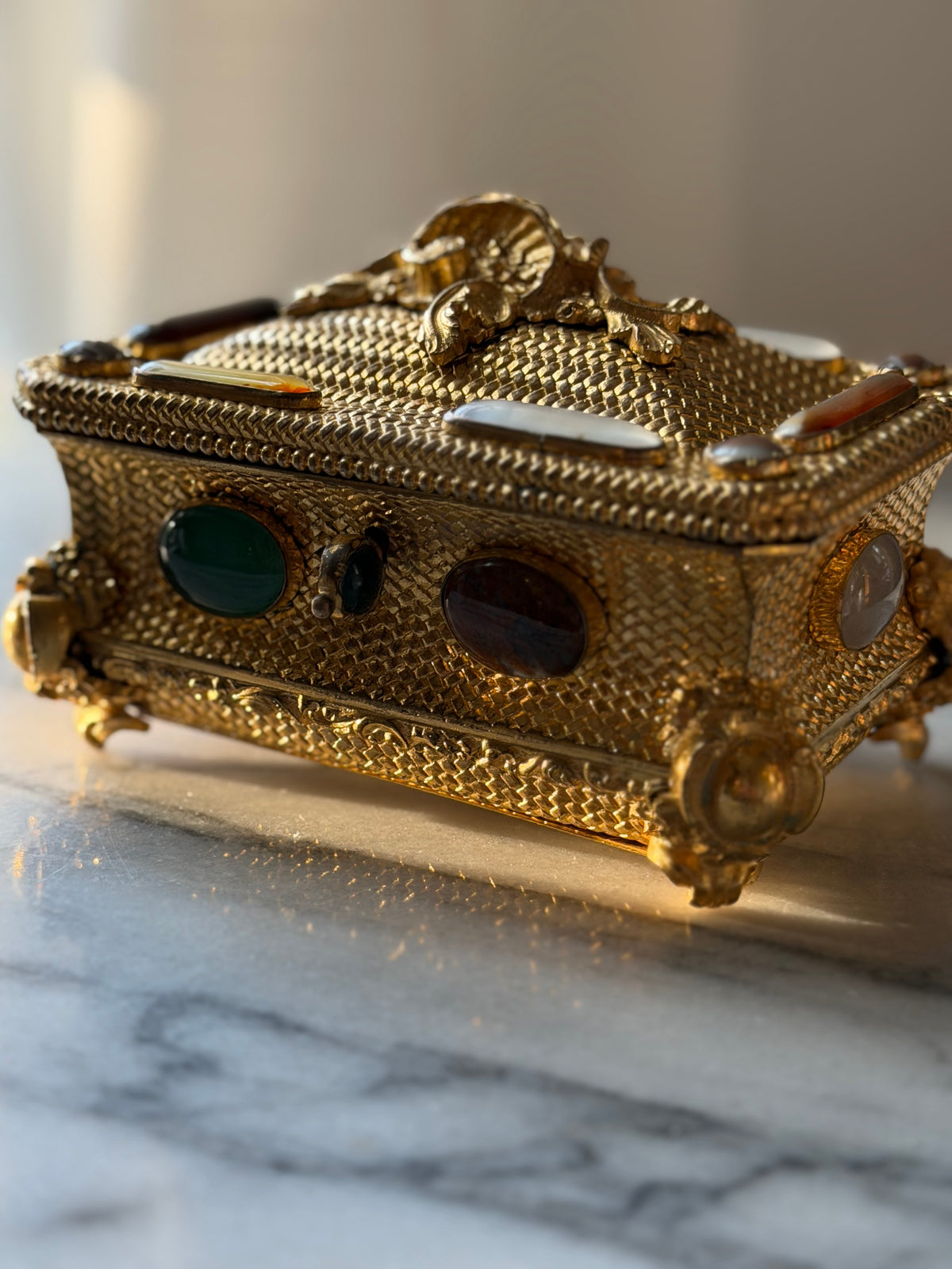 Antique French Gilt Bronze and Agate Casket with Woven Basketweave and Rococo Mounts