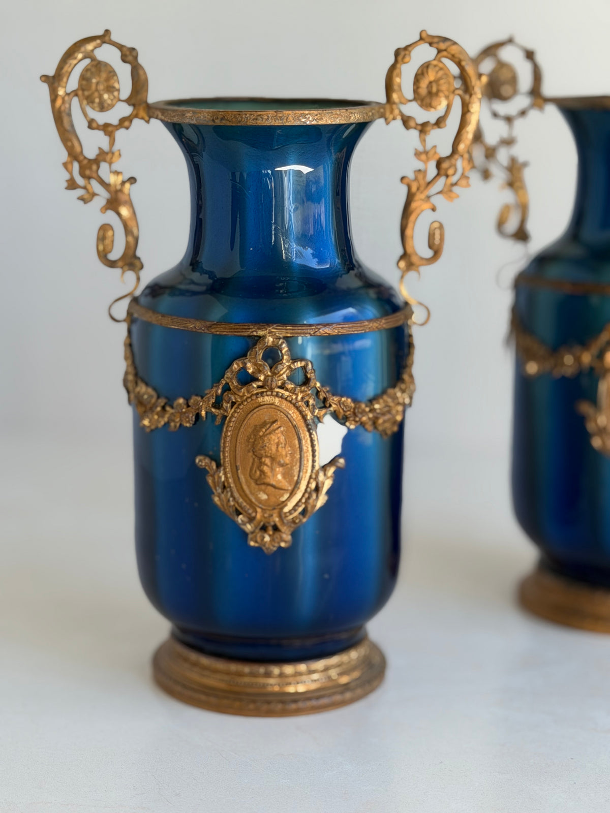Pair of Antique French Blue Vases with Gilt Metal Mounts and Cameo Medallions