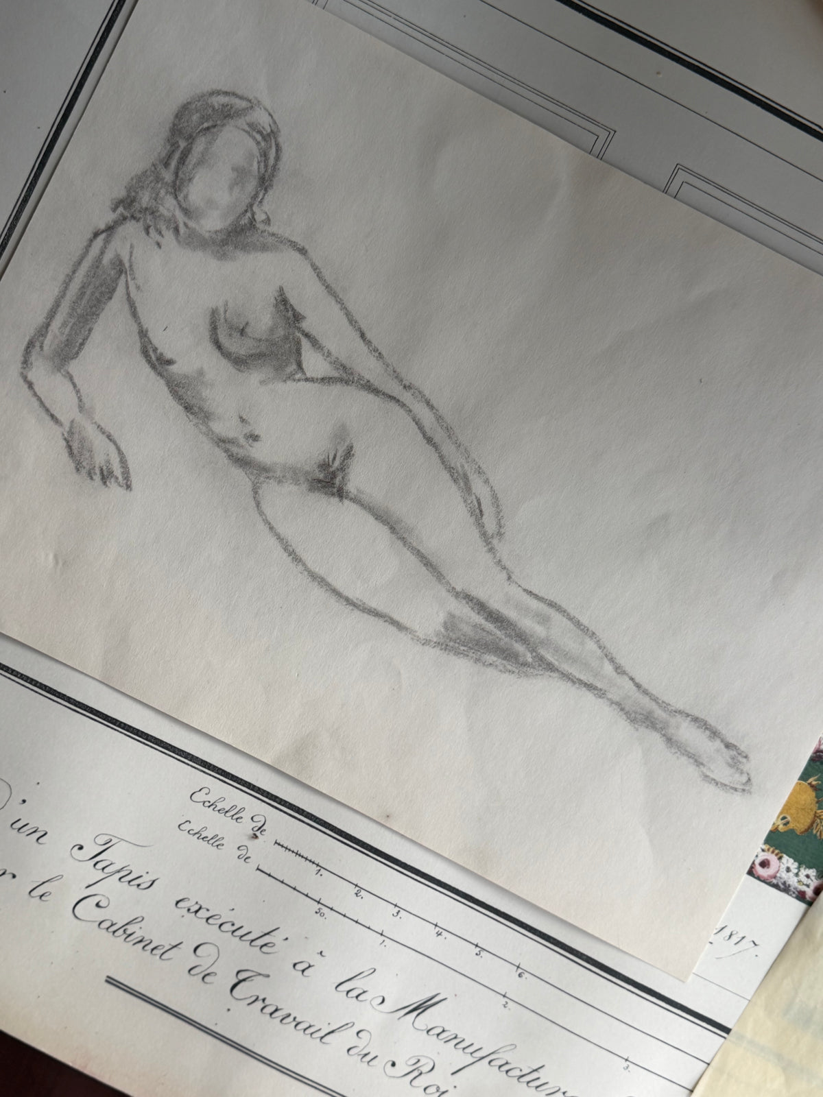 Vintage Graphite Sketch of a Reclining Nude, Sourced in France