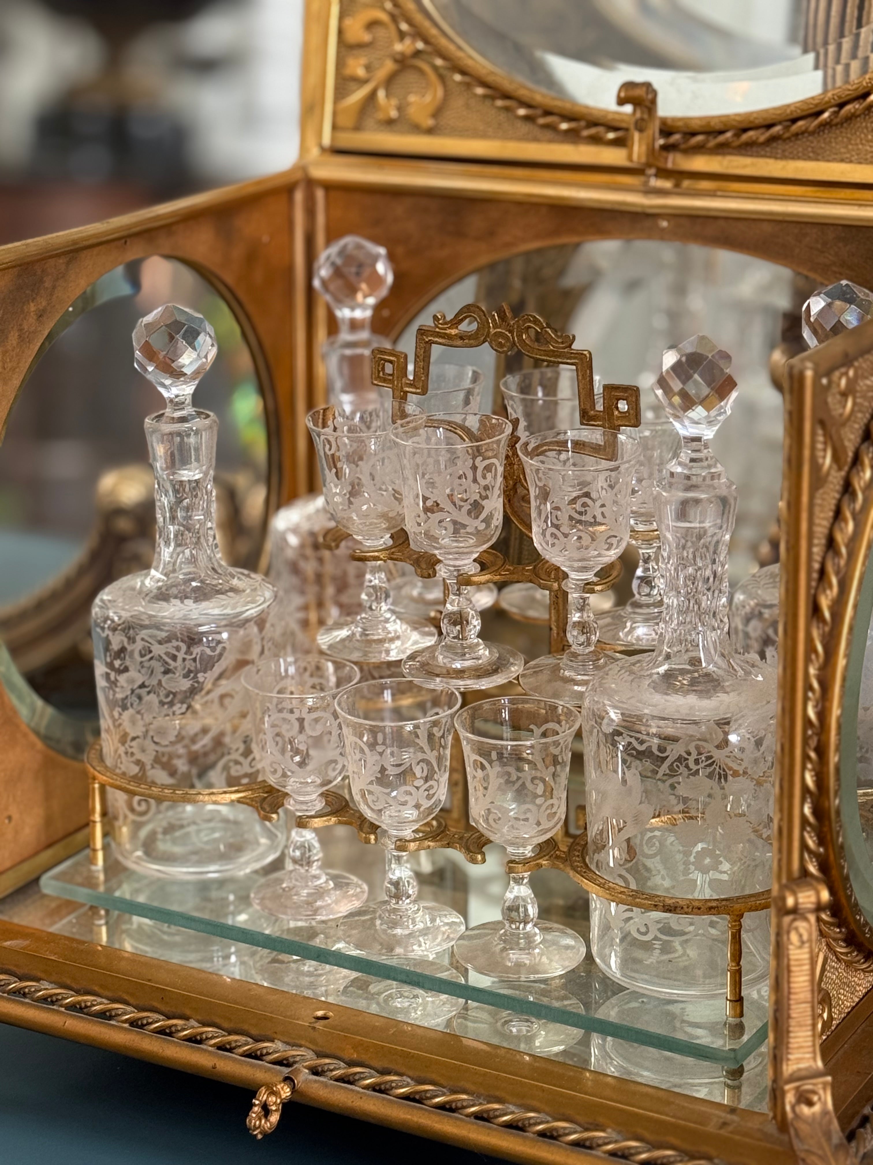 Antique French Gilt Bronze Cave à Liqueur with Etched Crystal