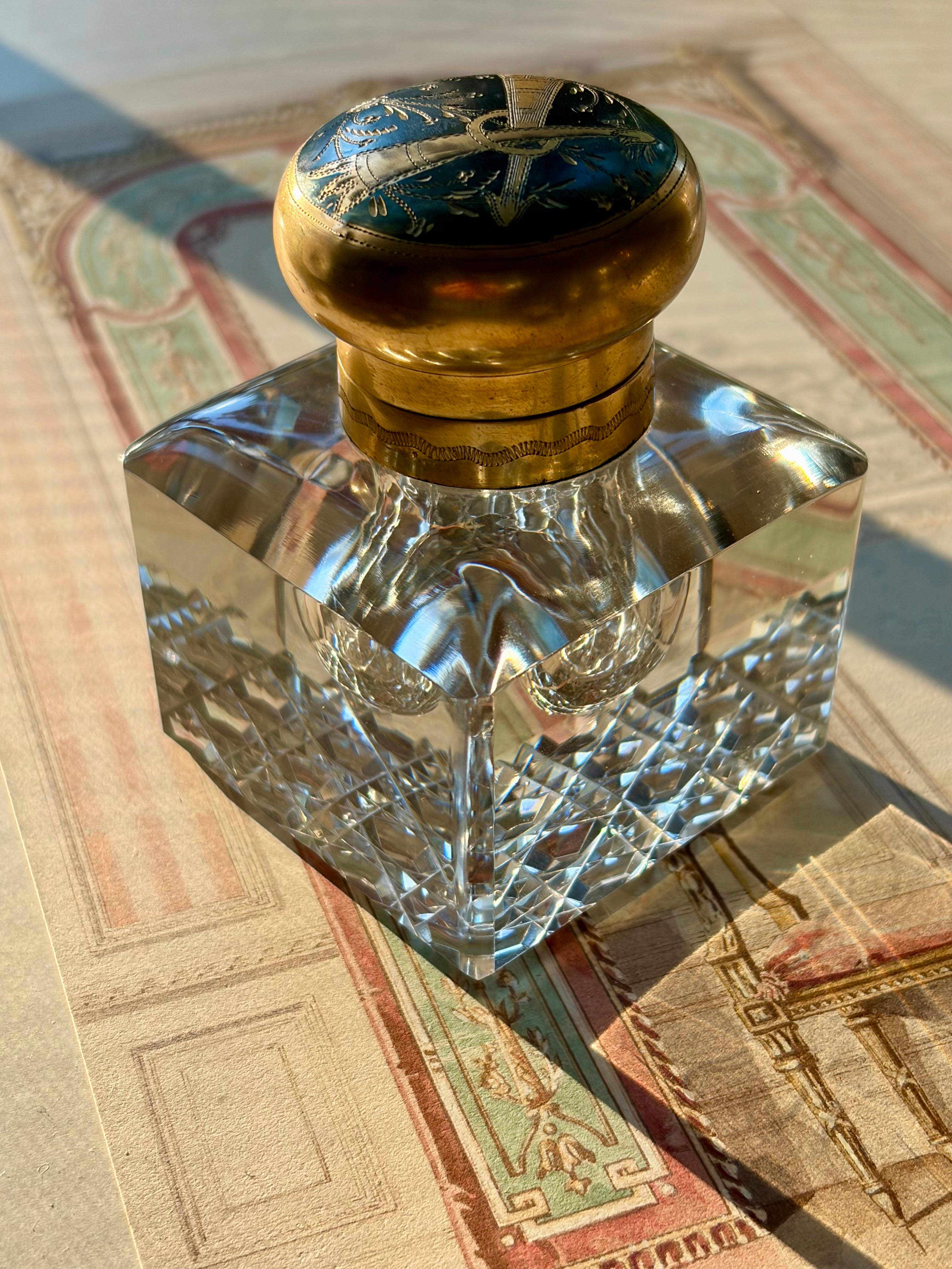 Antique Parisian Crystal & Bronze Inkwell with Enamel Dragonfly Cap