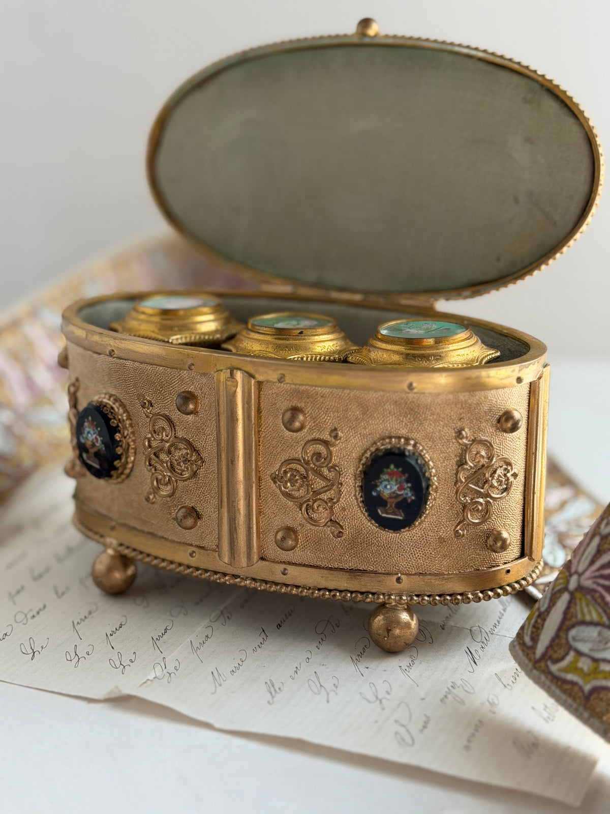 Antique Bronze Micro-Mosaic Perfume Casket with Three Bottles