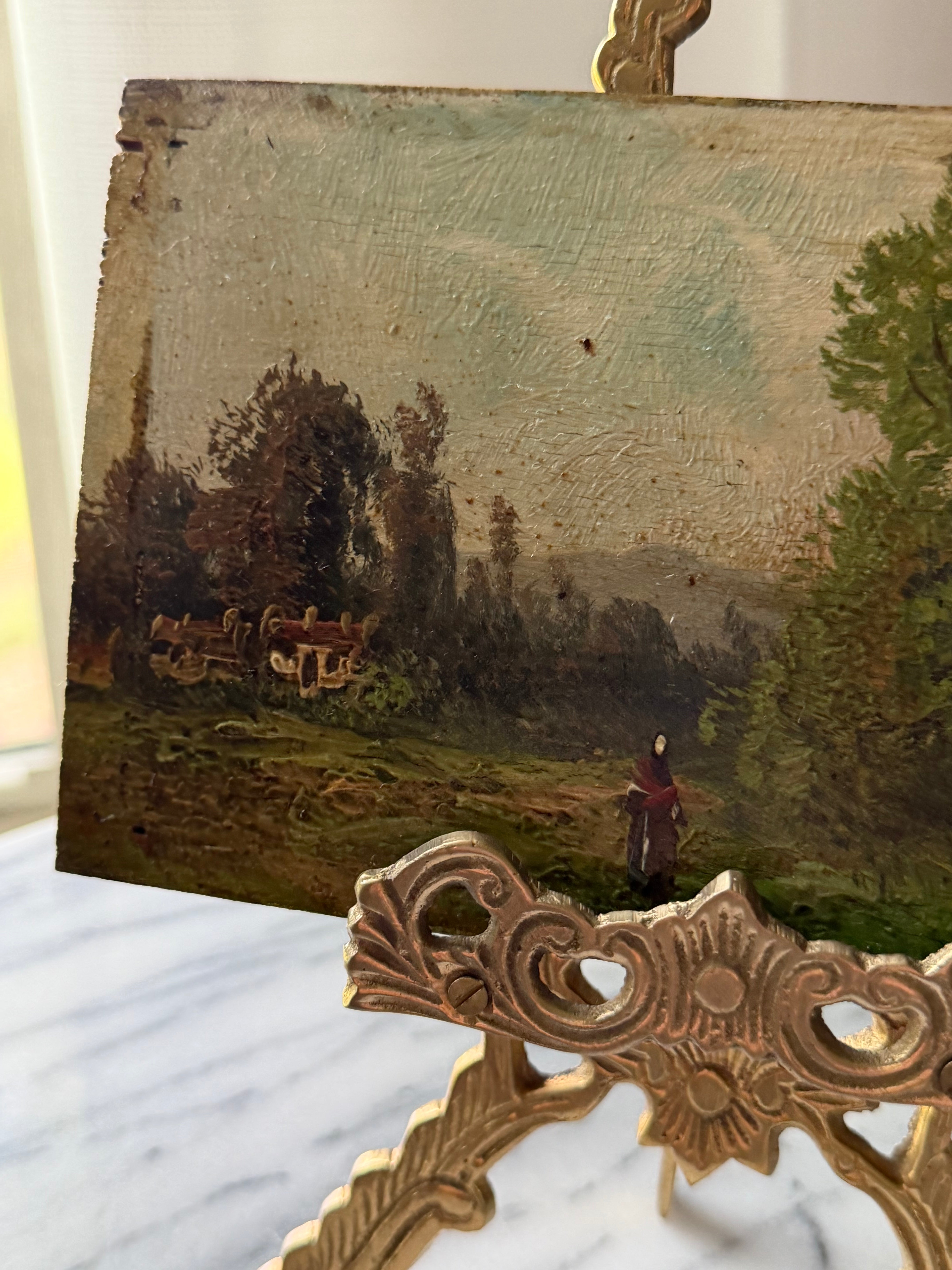 Antique French Landscape Oil Painting on Board