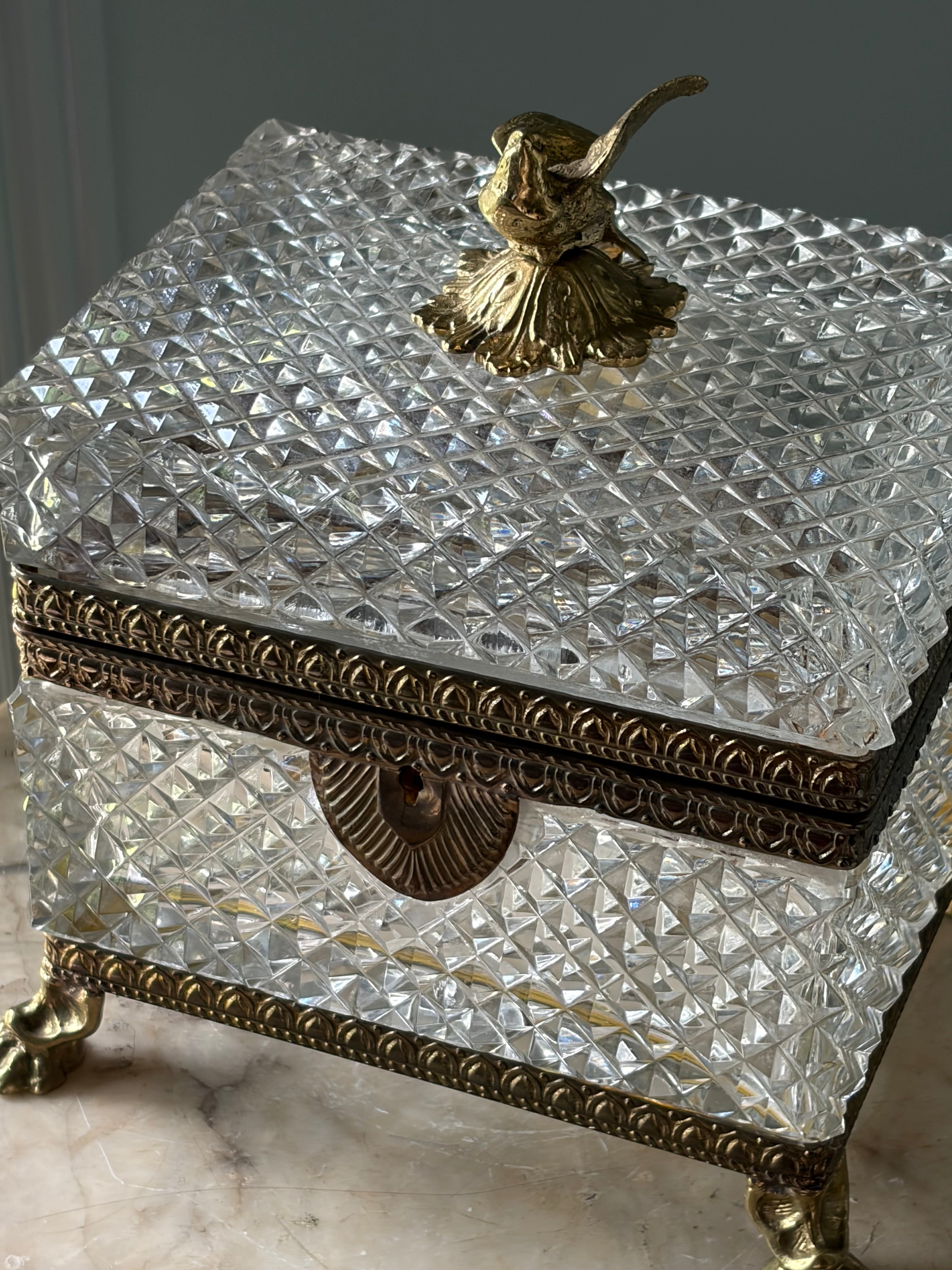 Antique French Crystal Casket with Dove Finial