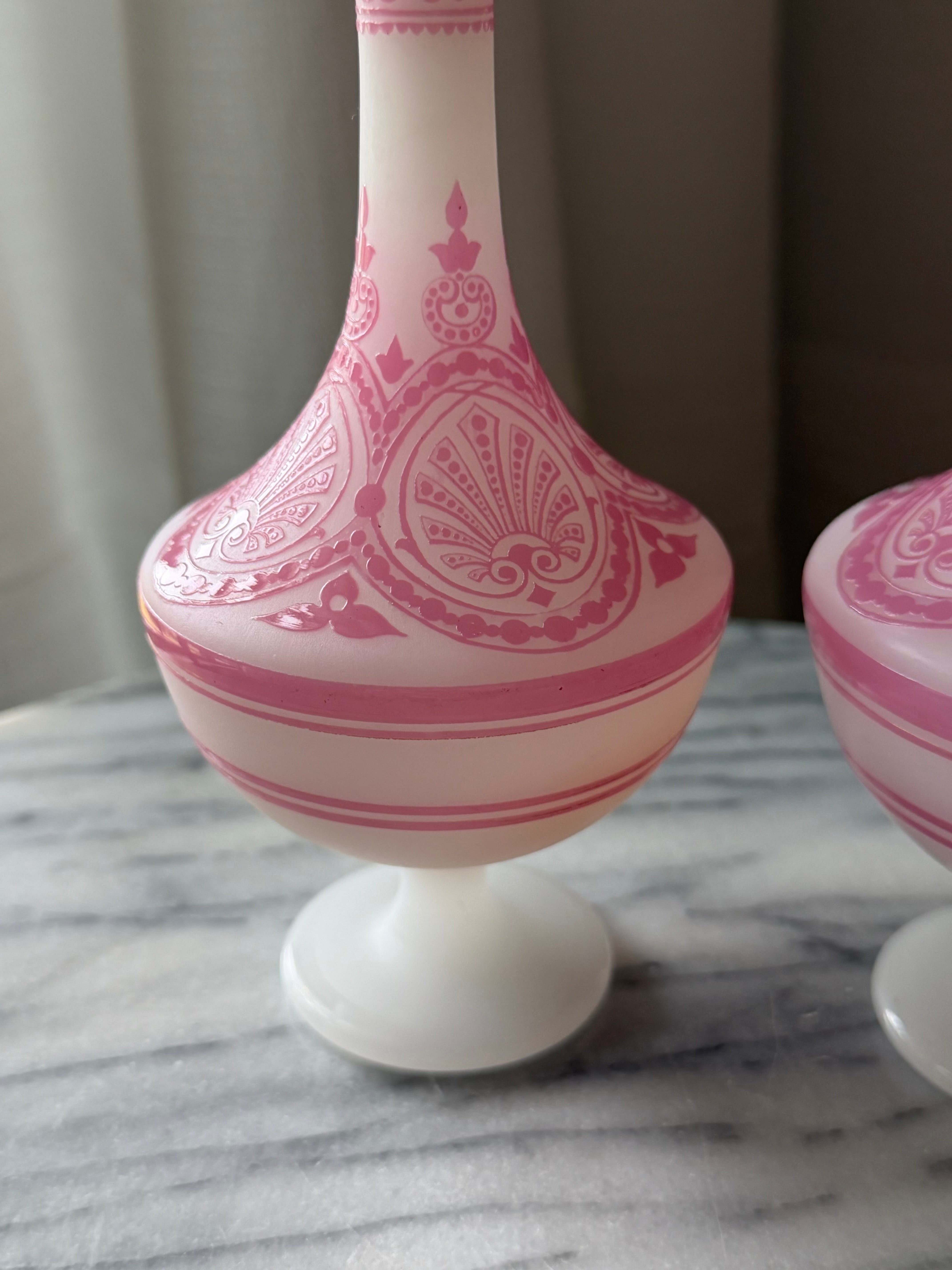 Antique Pink & White Opaline Glass Vases — Pair