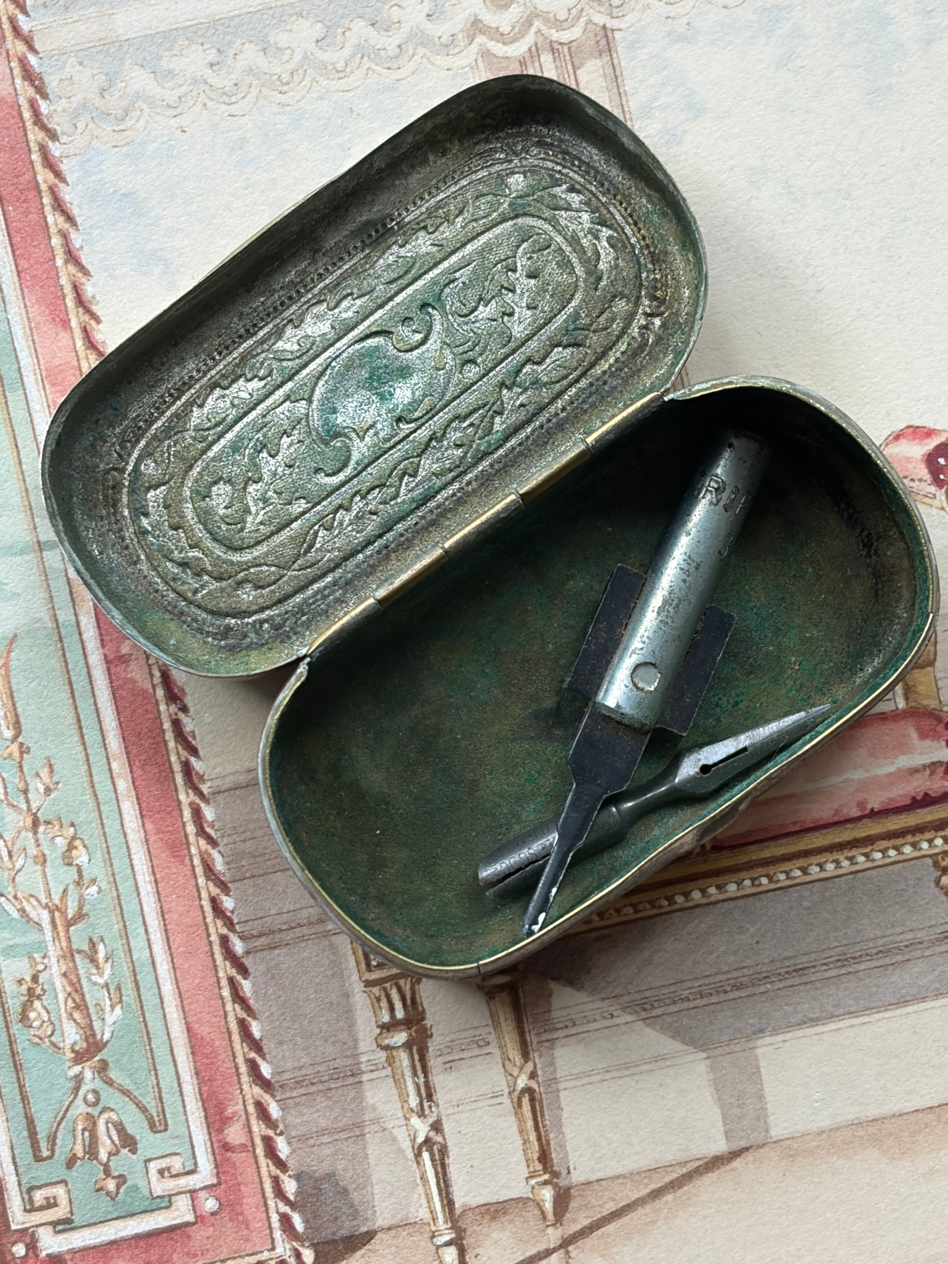 Antique French Engraved Brass Box with Vintage Tools