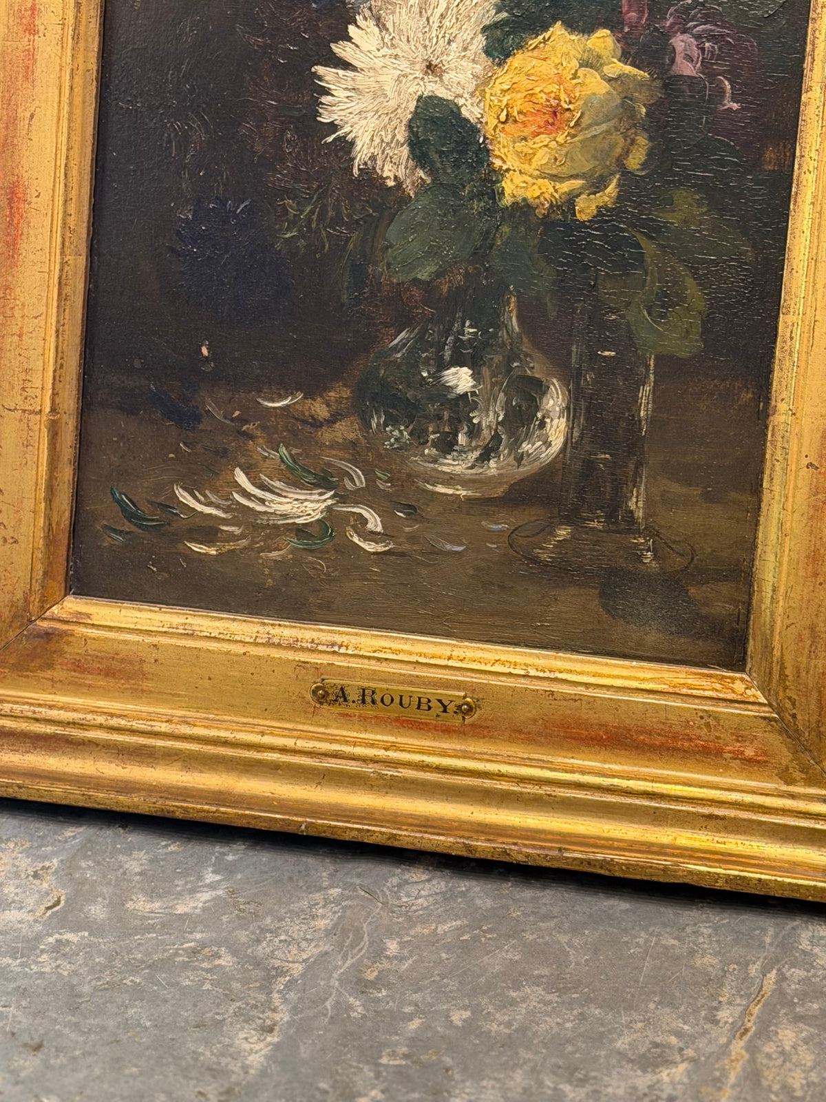 Antique French Floral Oil Painting on Board – Signed A. Rouby