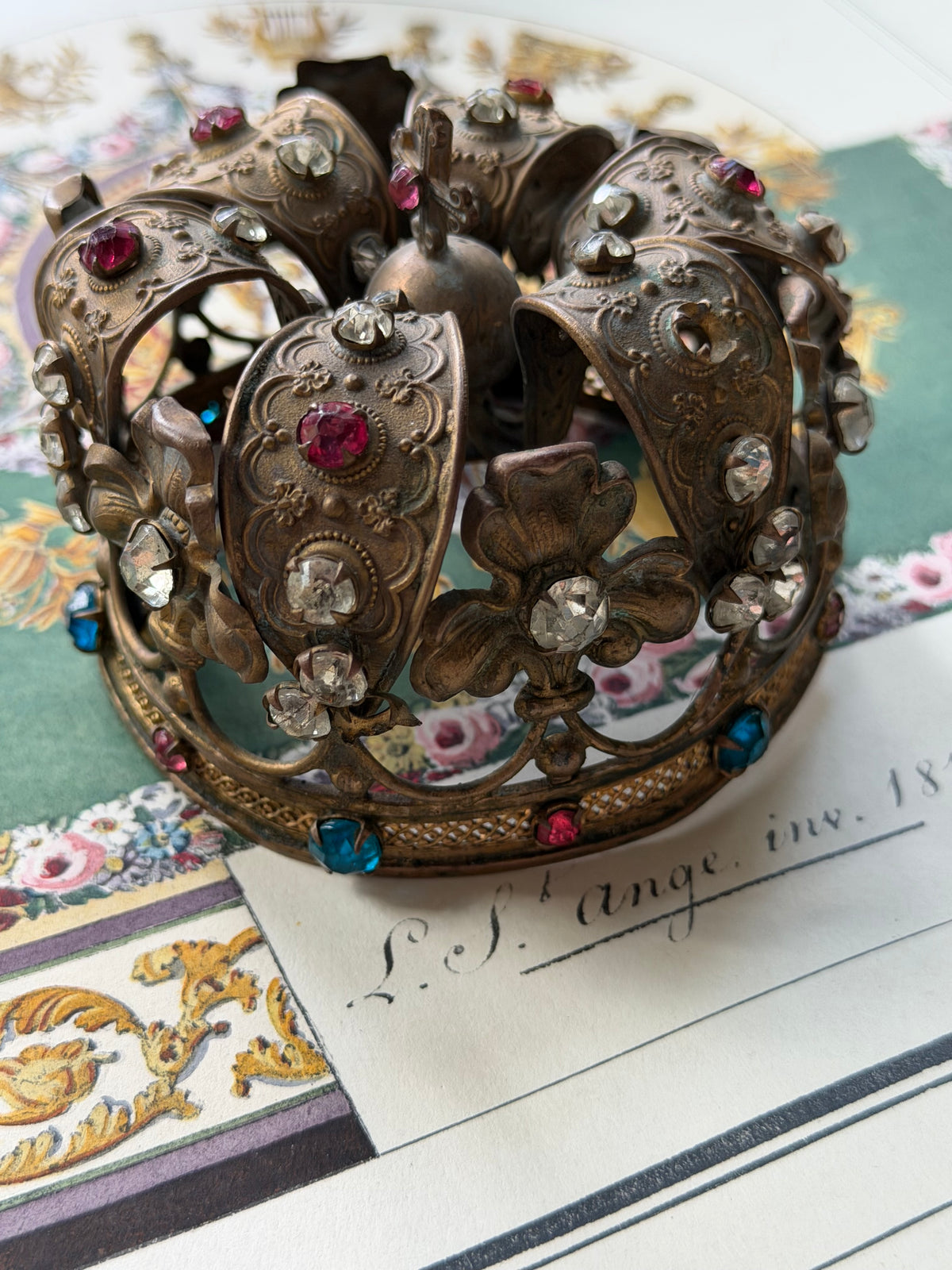 Antique French Santos Crown with Paste Stones, Orb and Cross, 19th Century