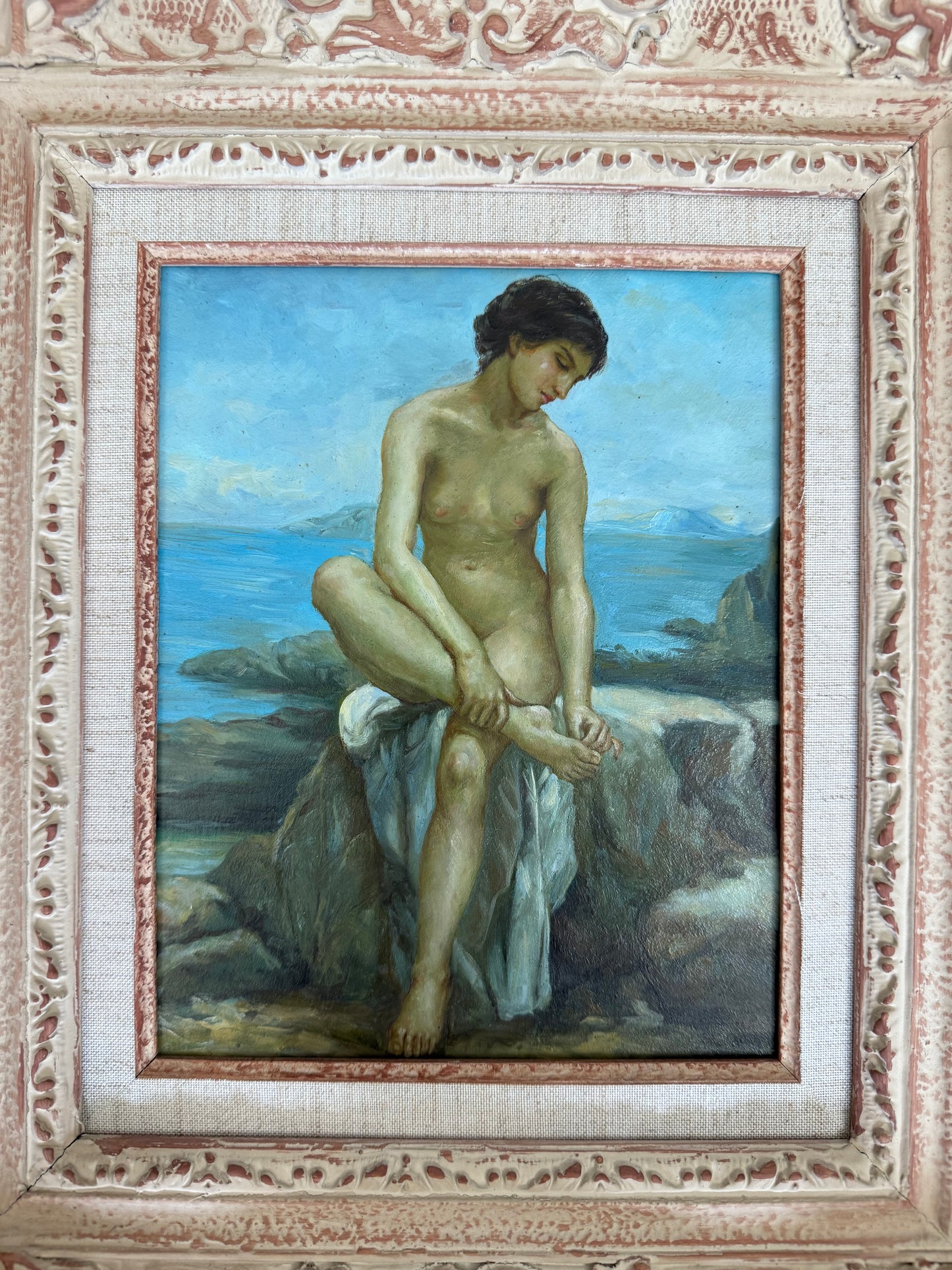 Vintage French Nude Painting by the Sea