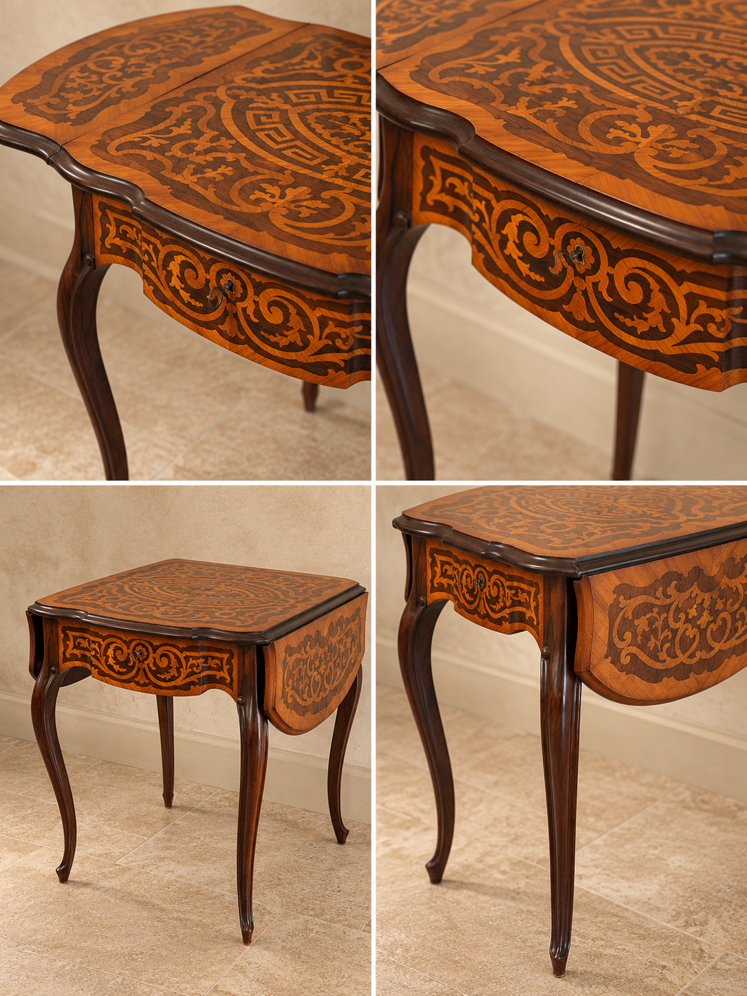 19th Century French Marquetry Drop-Leaf Salon Table