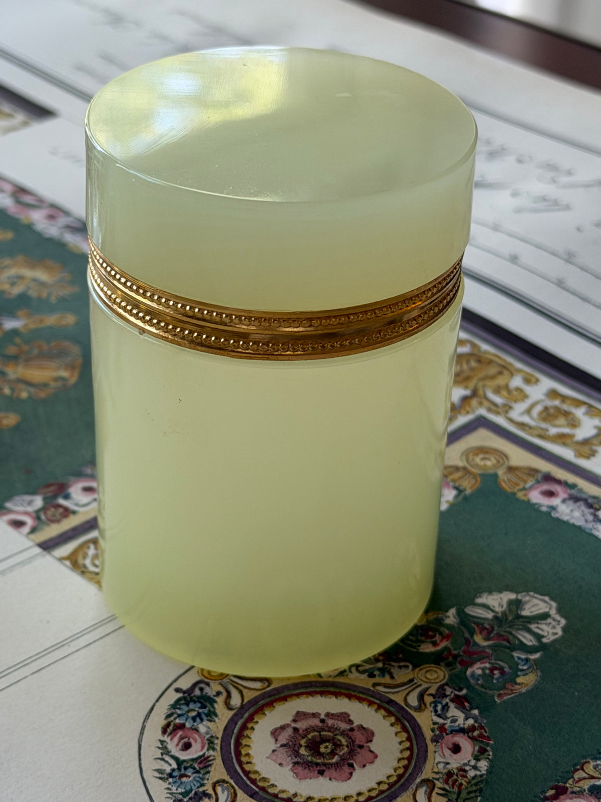 Vintage Yellow Opaline Glass Box with Bronze Rim