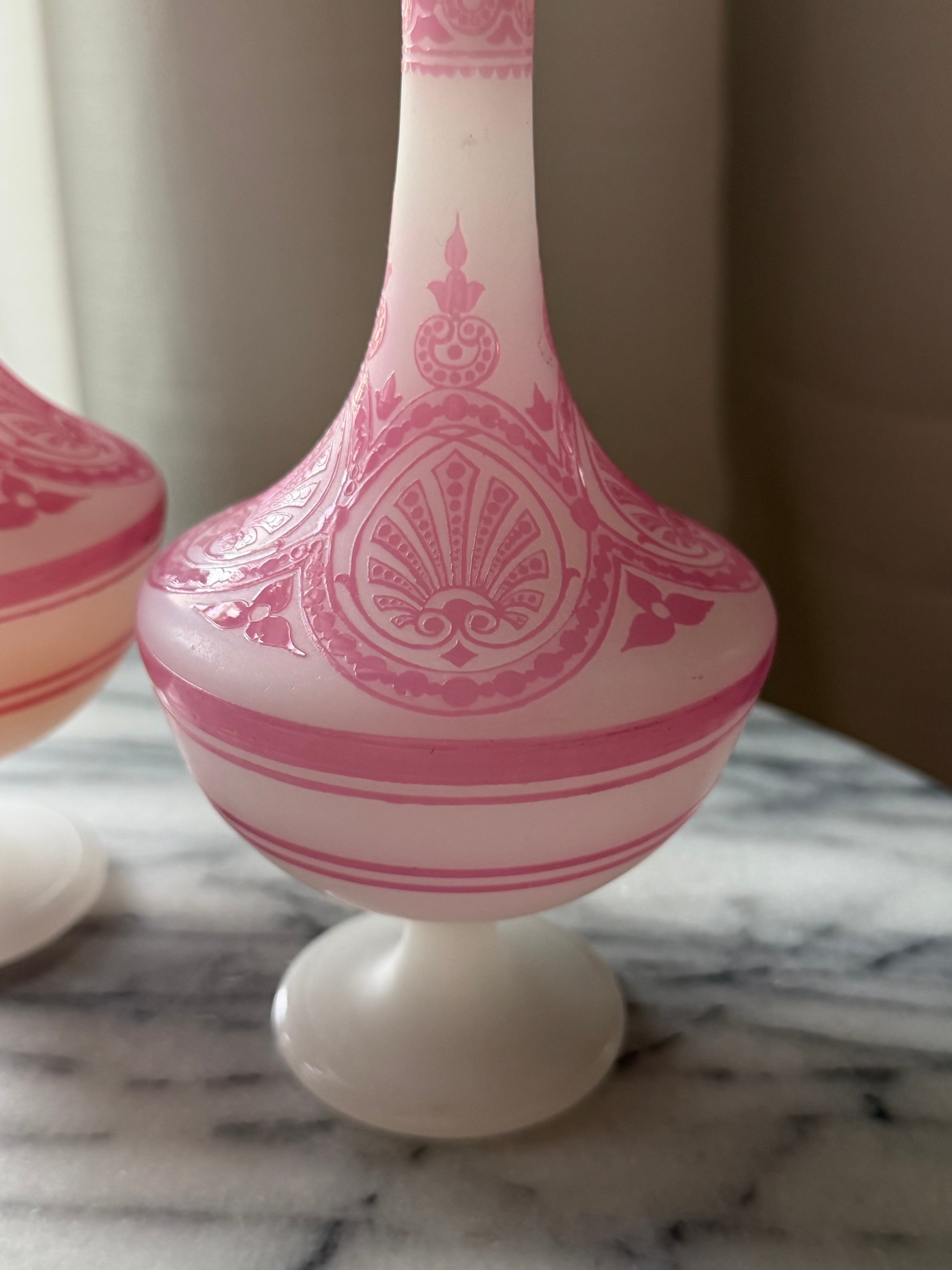 Antique Pink & White Opaline Glass Vases — Pair