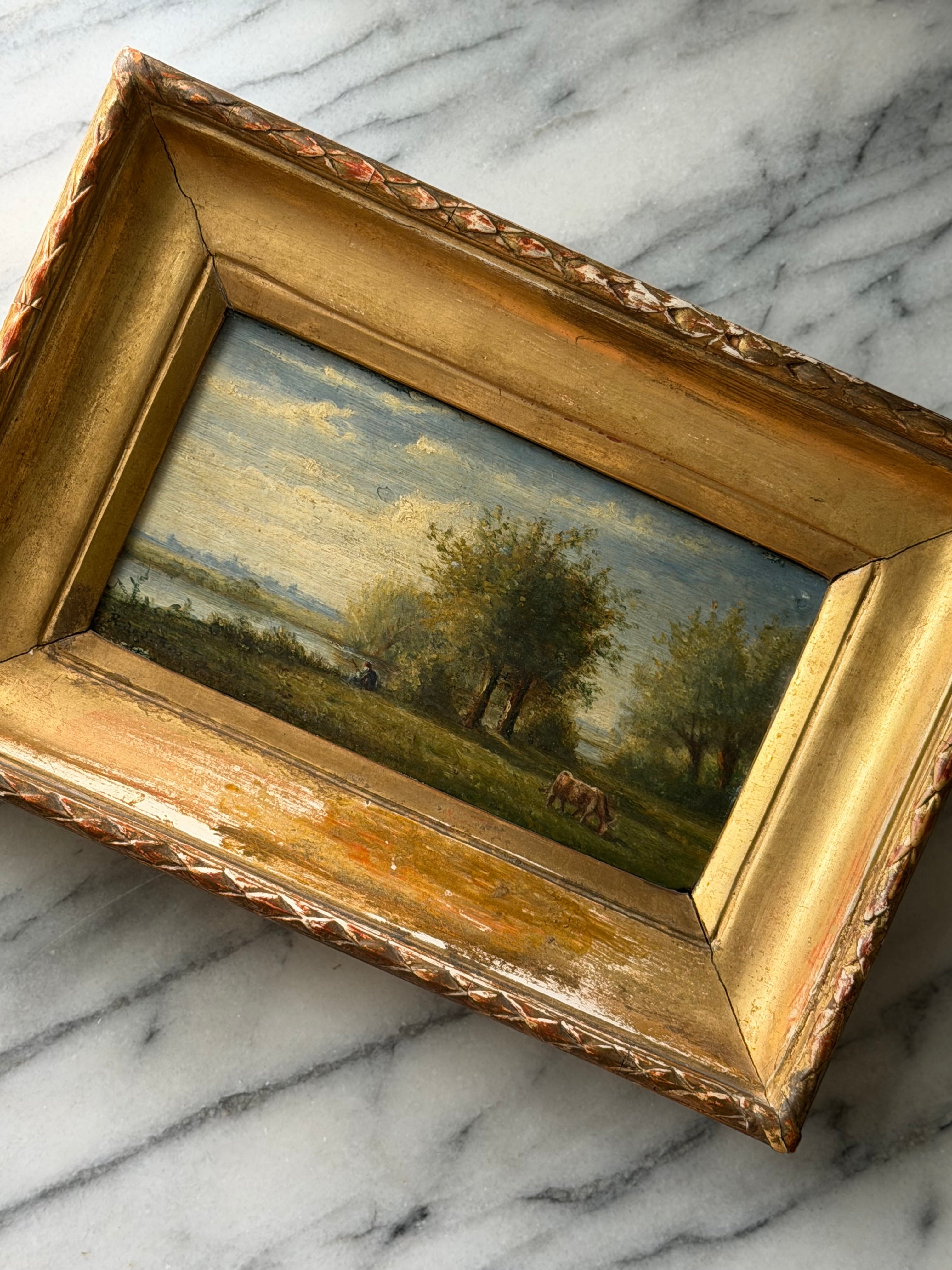 Antique French Pastoral Landscape with Cow, Dated 1876