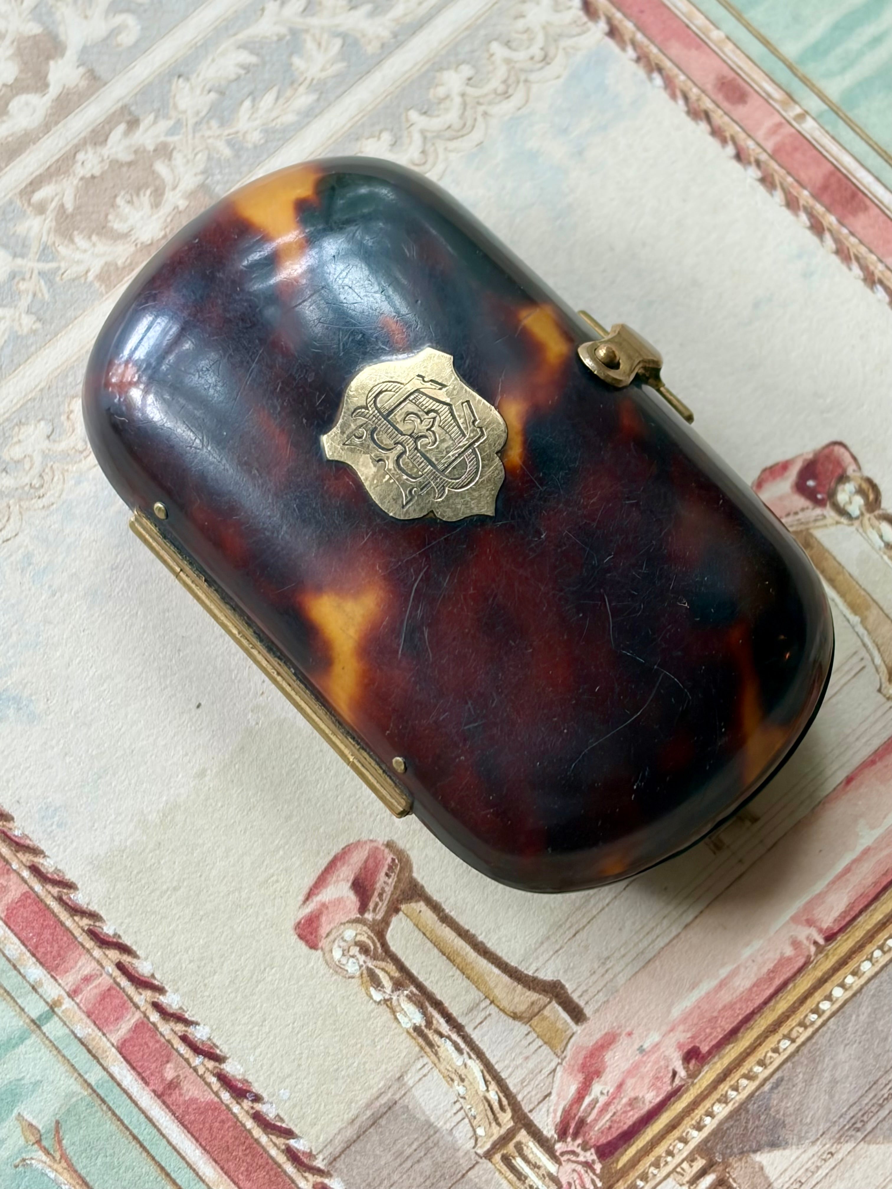 Antique French Tortoiseshell Coin Purse with Brass Monogram