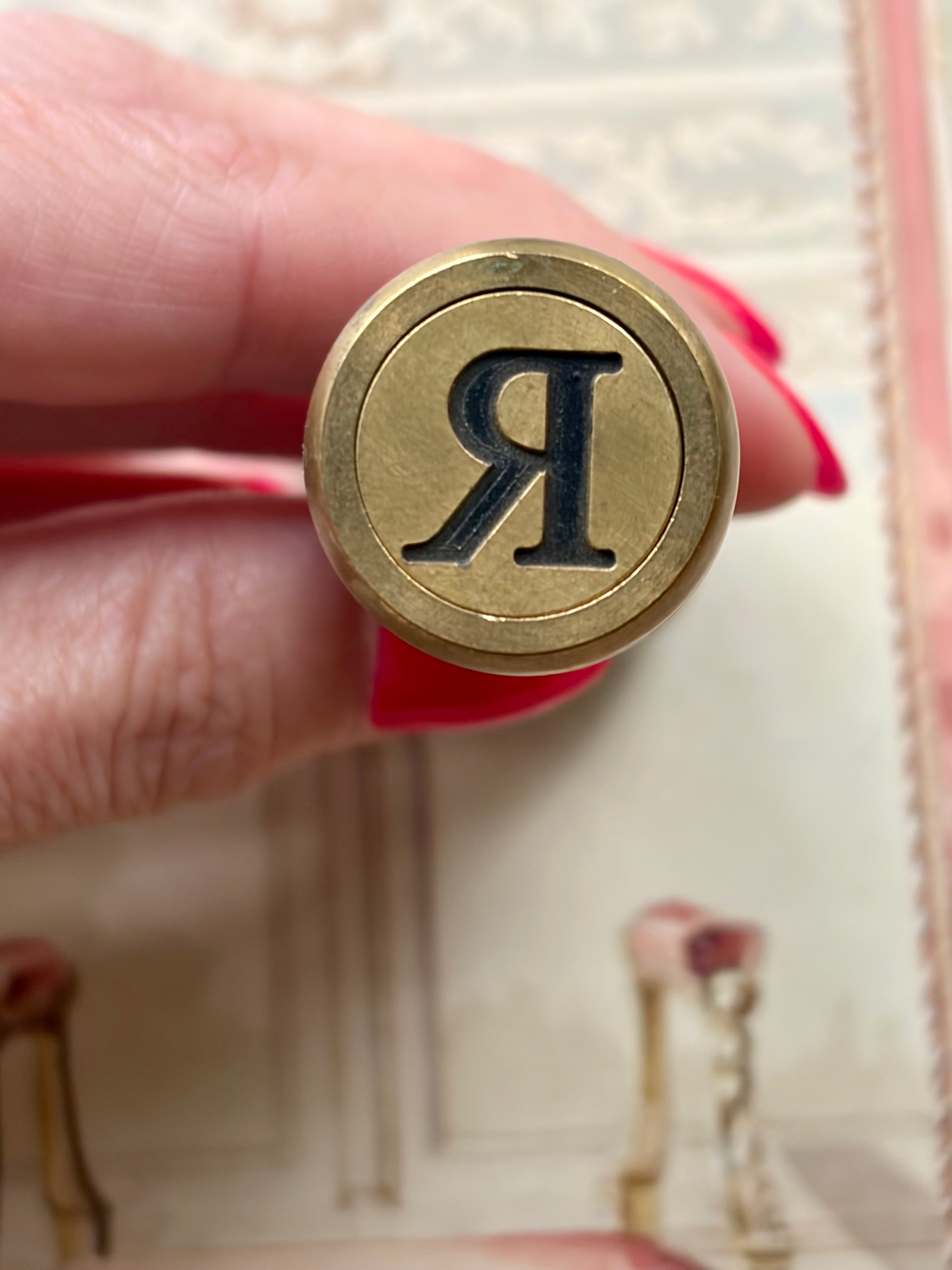 Antique Wood & Brass Wax Seal Stamp with Monogram "R"