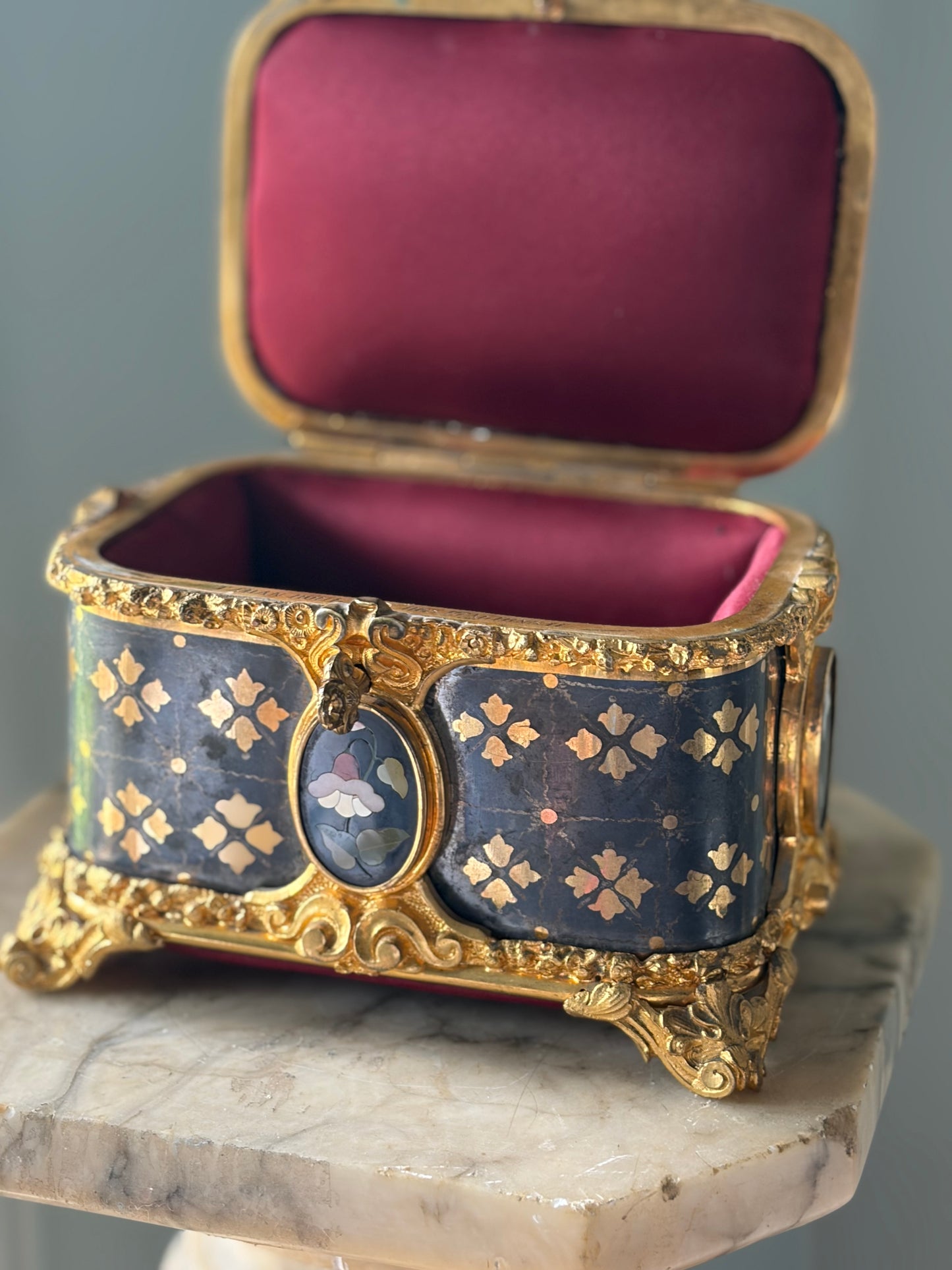 Antique Pietra Dura Box — Black Stone Inlay with Ormolu Mounts, 19th Century