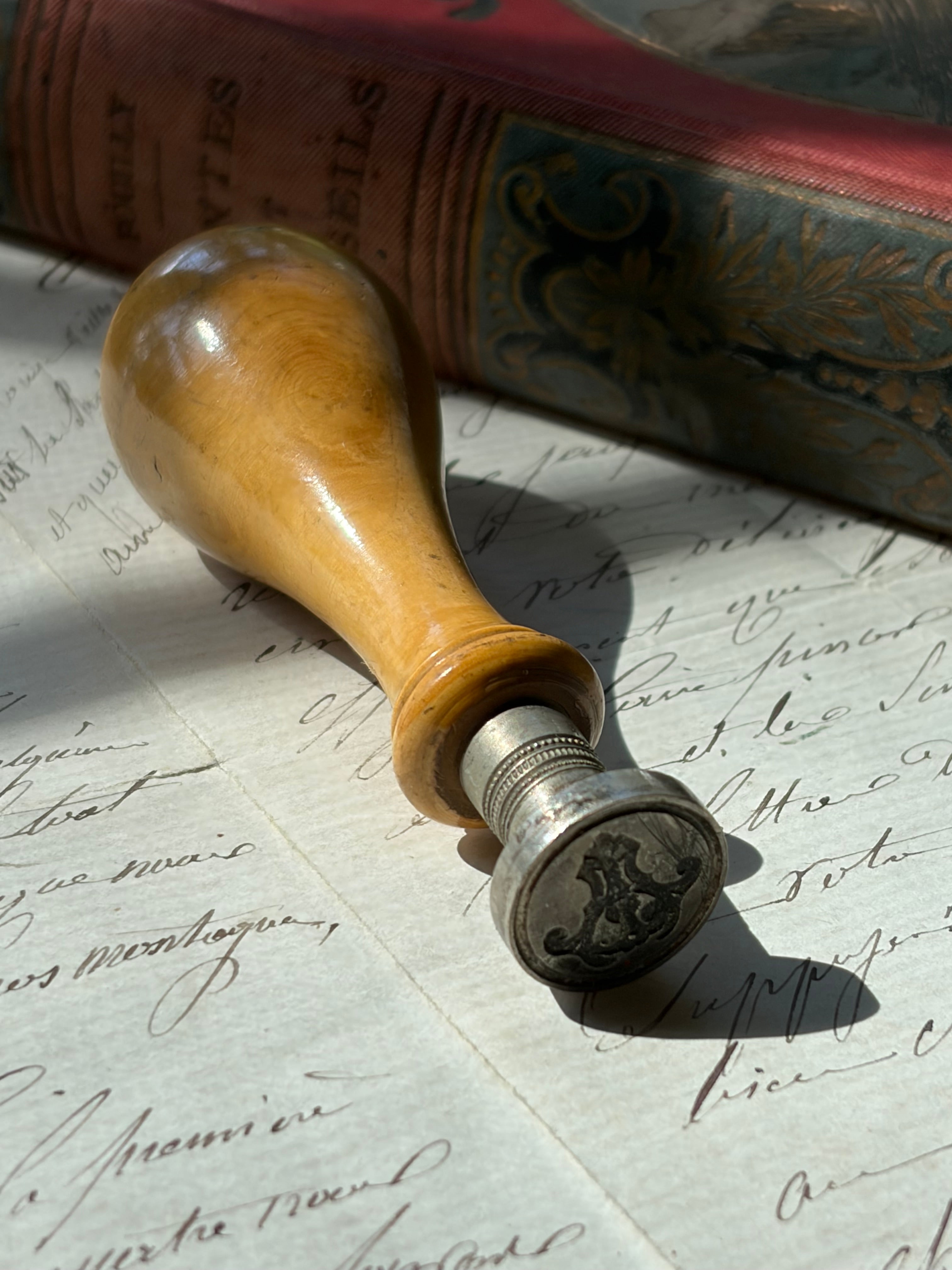 Antique French Wax Seal Stamp with Turned Wood Handle & Engraved Monogram