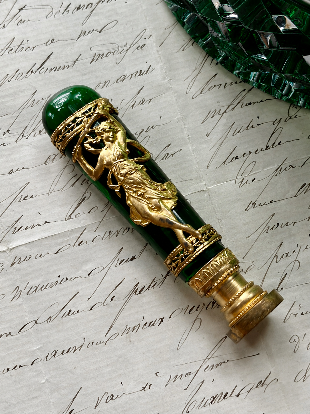 Antique French Emerald Glass Wax Seal with Gilt Bronze