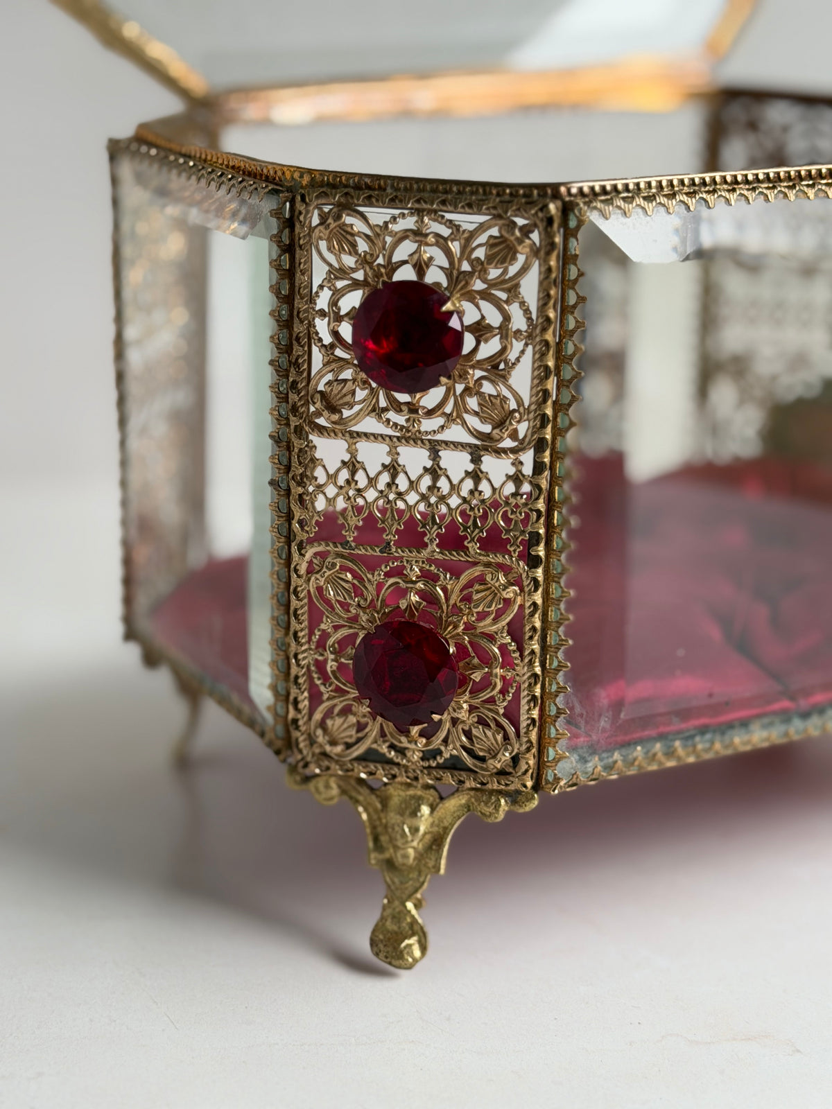 Antique French Bridal Casket with Ruby Red Glass Jewels & Greek Key Detailing