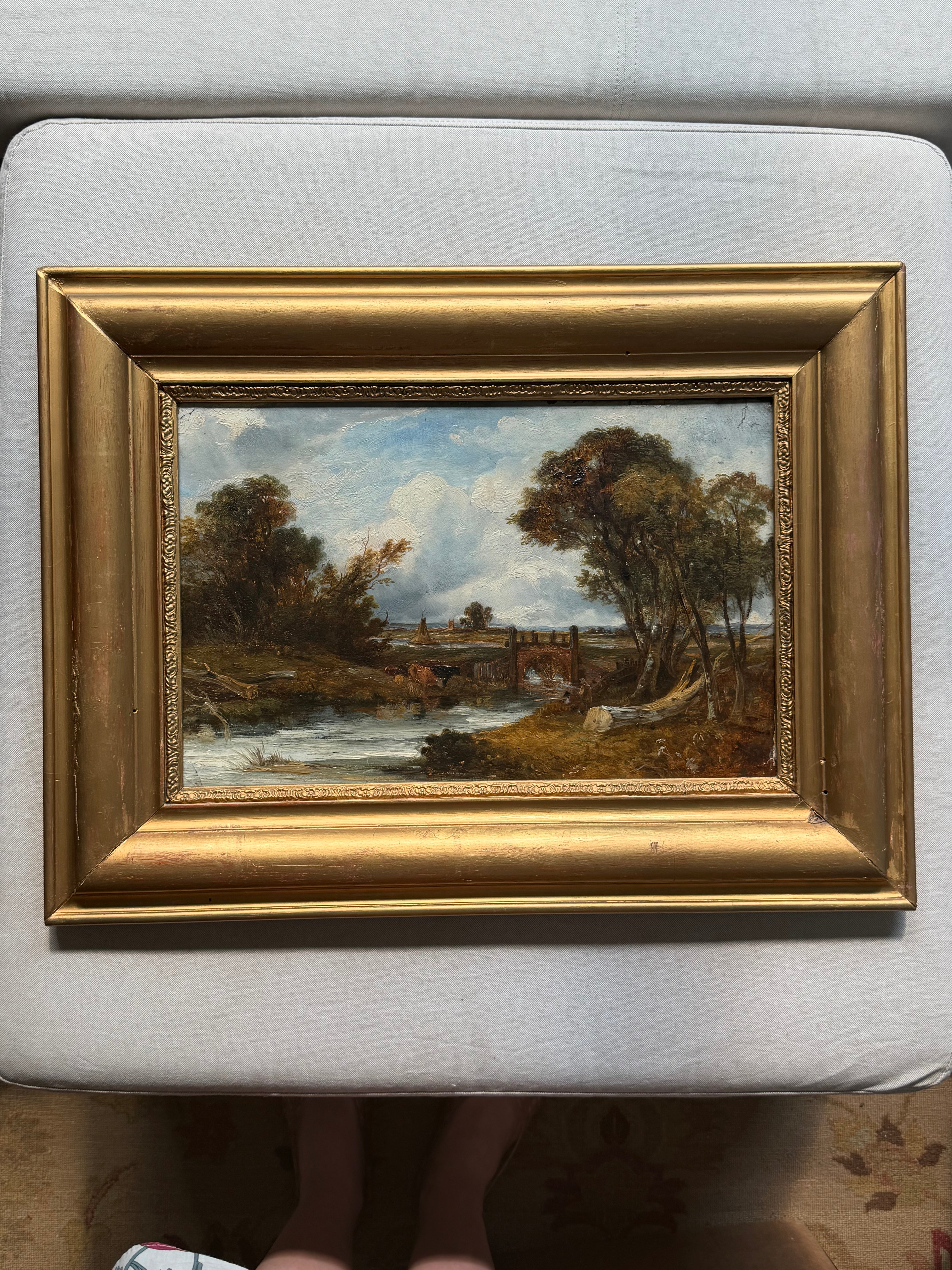 English School, 19th Century — River Landscape with Brick Bridge and Cattle