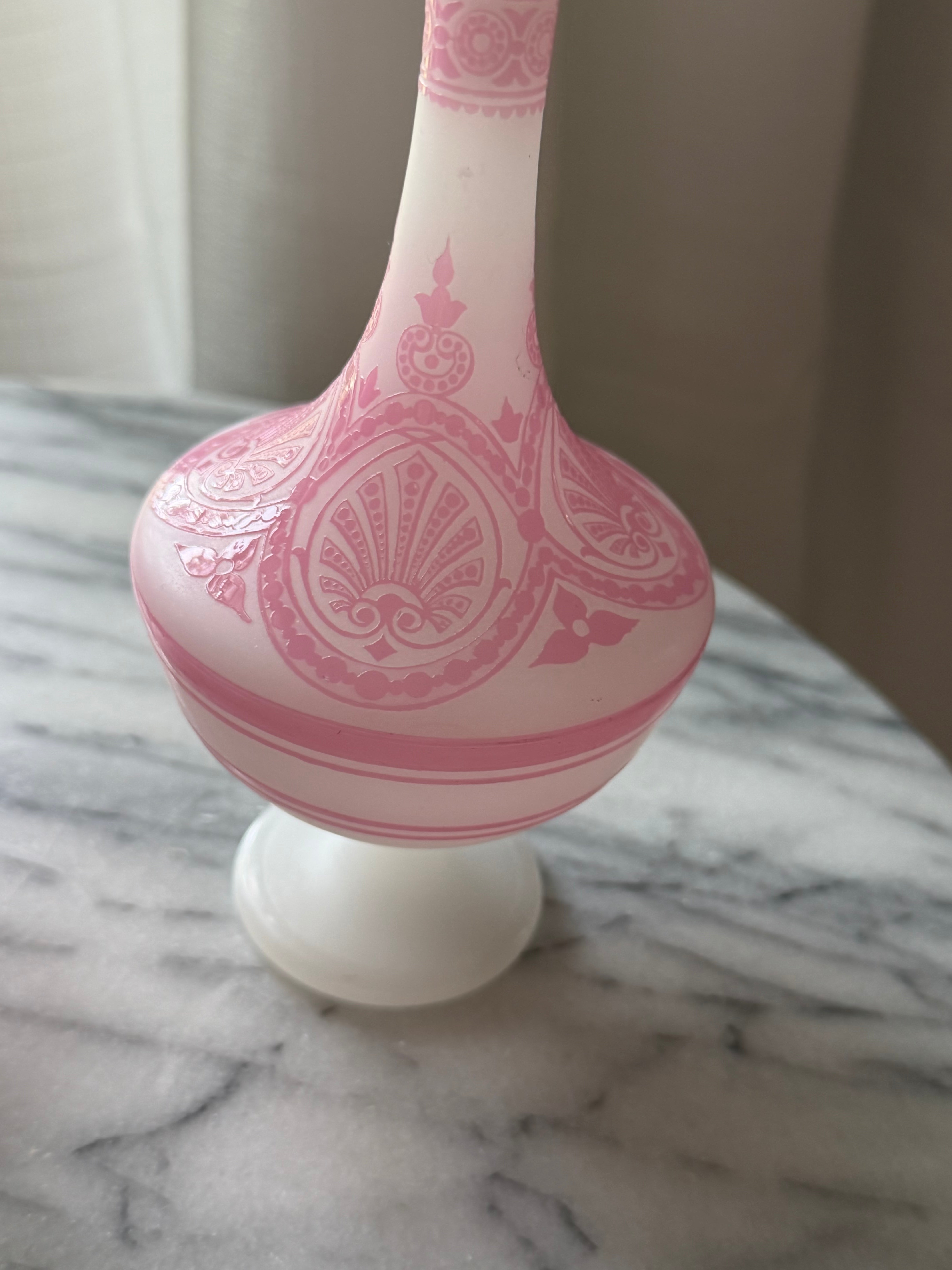 Antique Pink & White Opaline Glass Vases — Pair