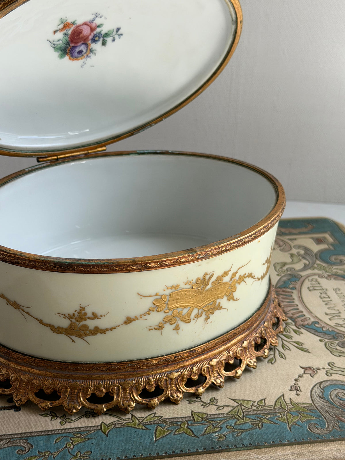 Antique French Hand-Painted Porcelain Casket with Bronze Mounts