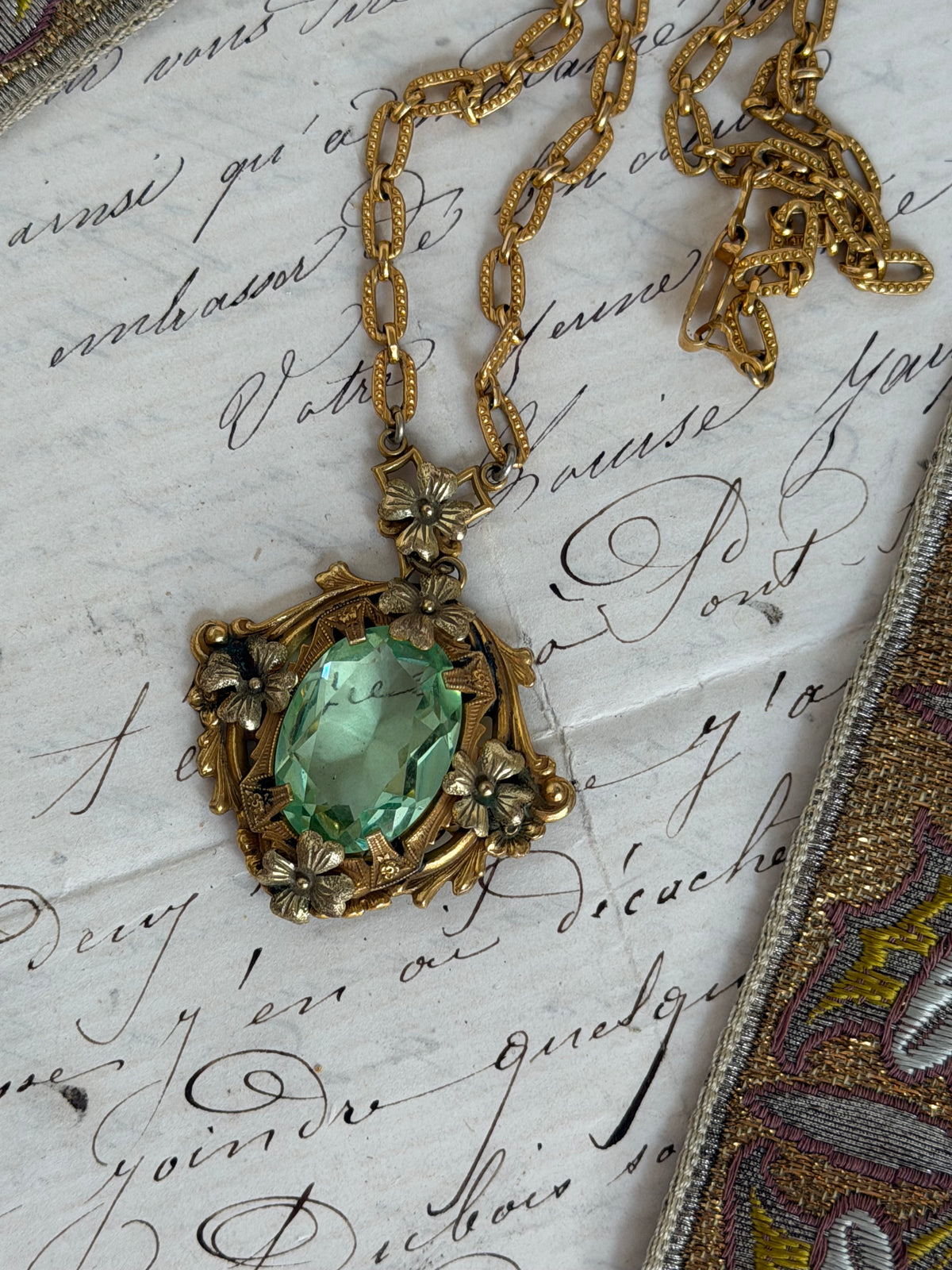 Antique Green Glass Floral Lavalier Necklace