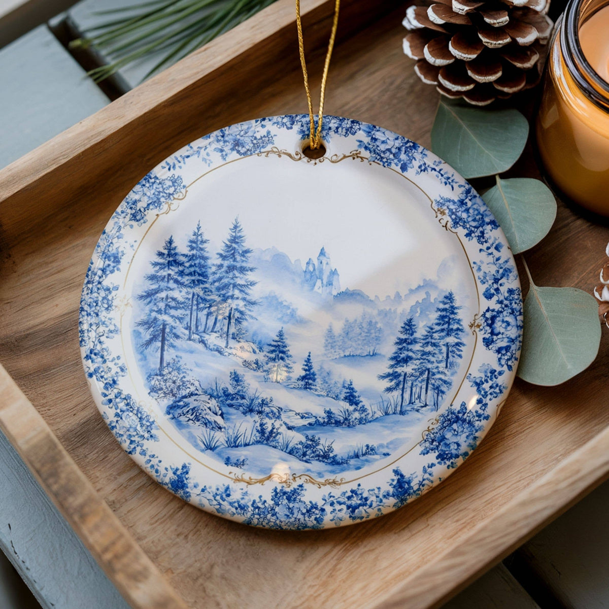 Toile Christmas Ornament, Ceramic Chinoiserie China Plate