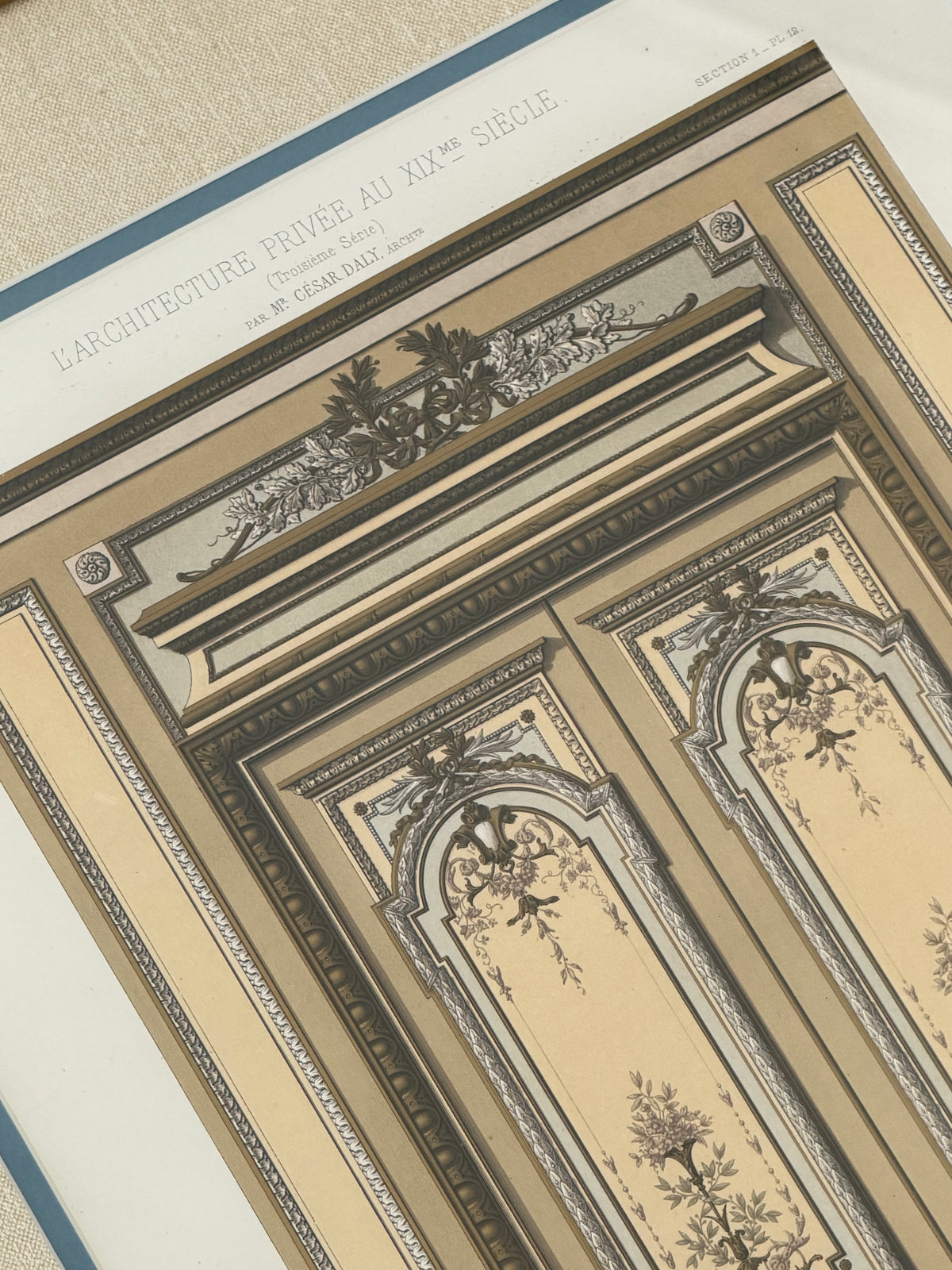 Antique French Architectural Chromolithograph – Petit Salon – Custom Framed