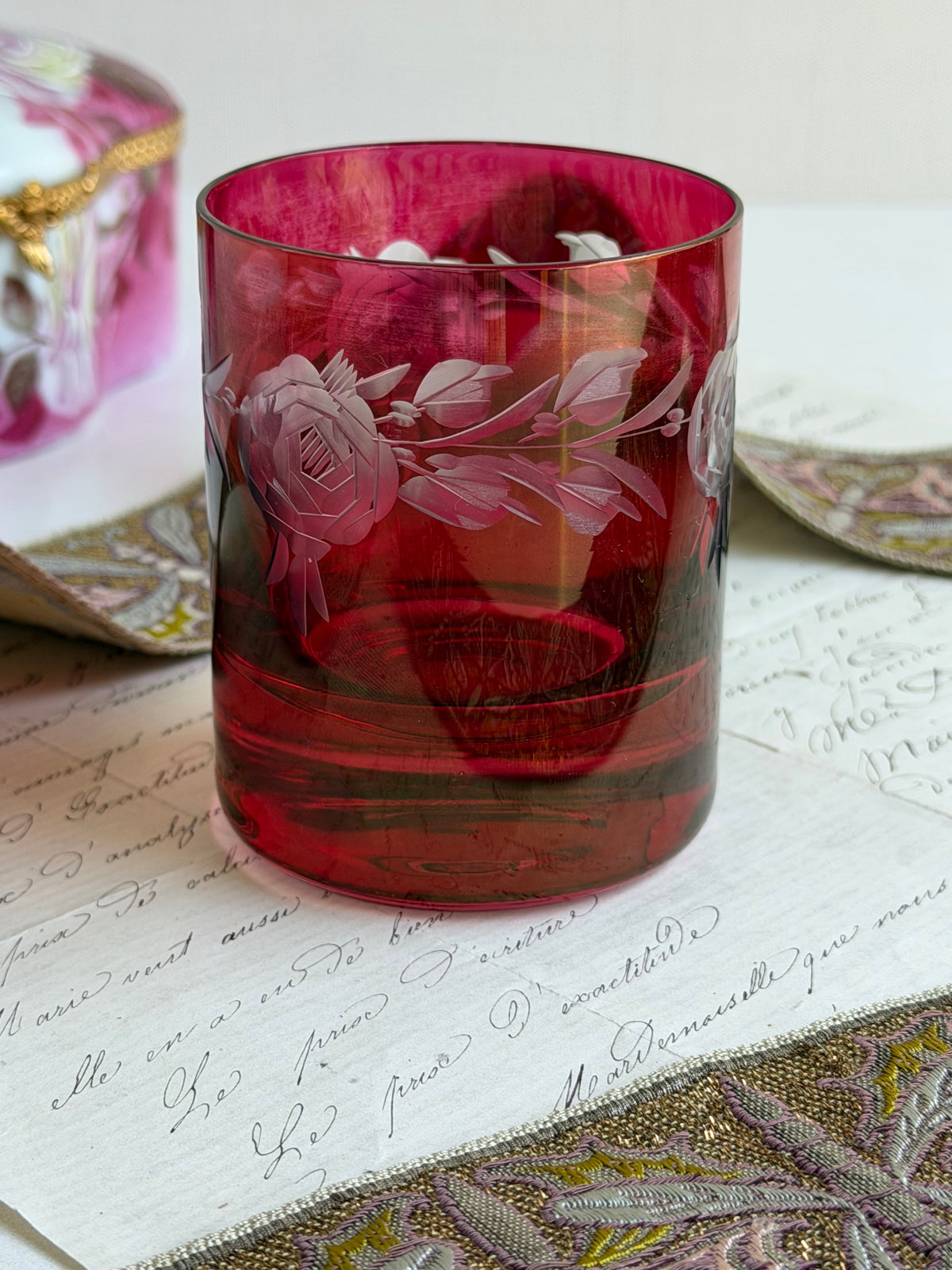 Antique Cranberry Glass Etched Floral Small Tumbler