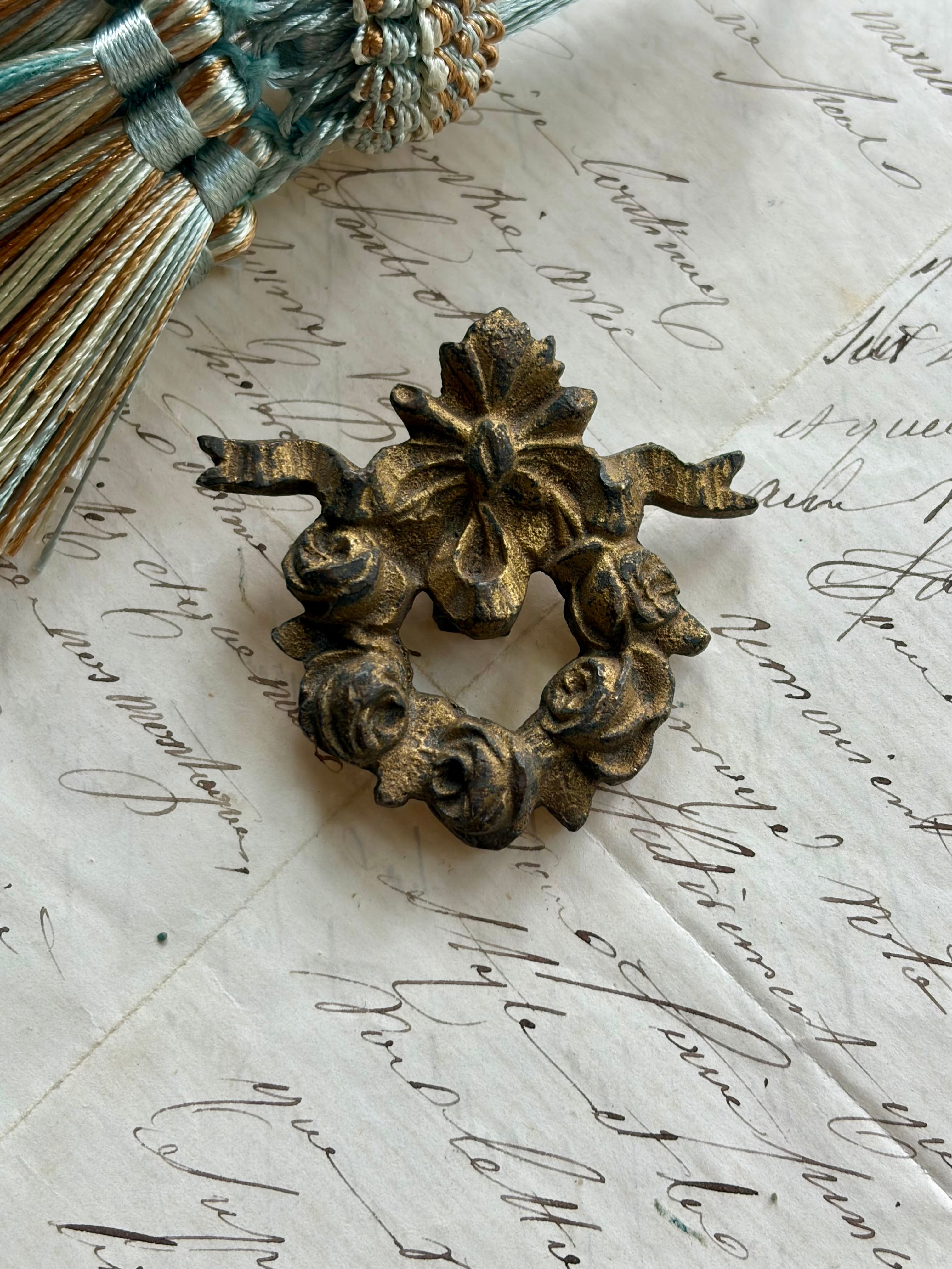 Antique French Salvaged Bronze Rose Wreath Furniture Mount