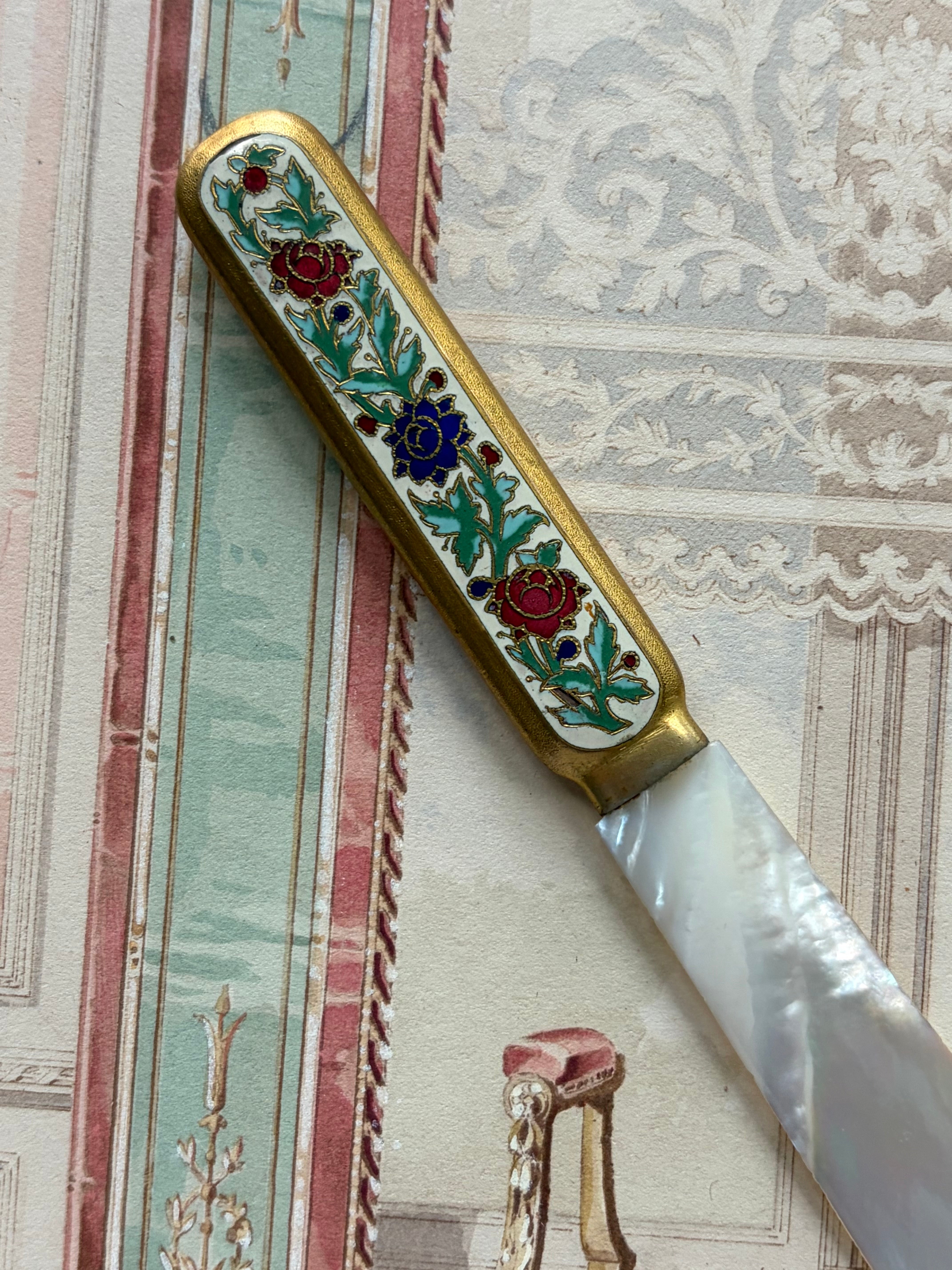 Antique French Champlevé Bronze and Mother-of-Pearl Letter Opener